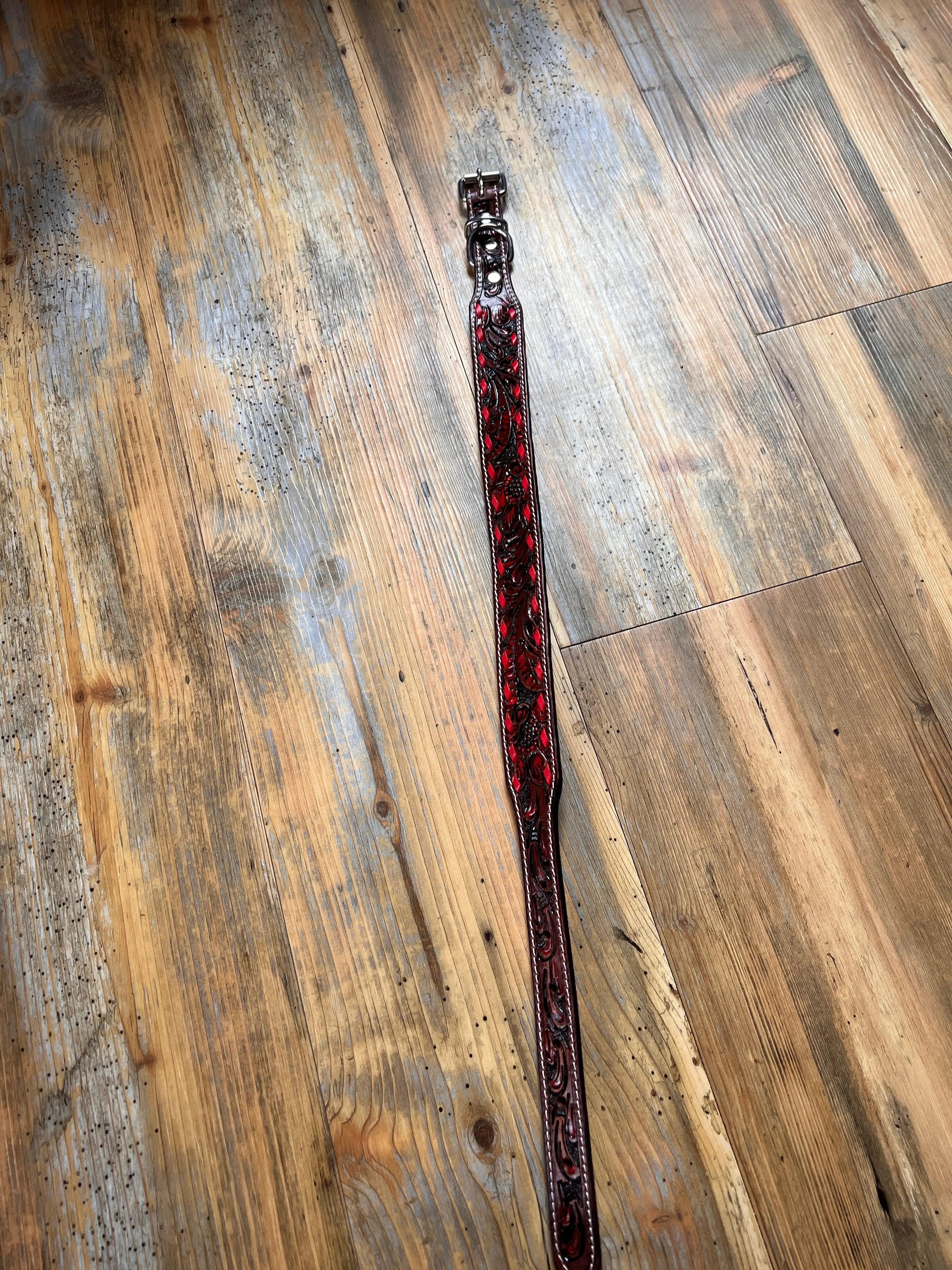 Leather Tooled Dog Collar with Red Buckstitching Dog