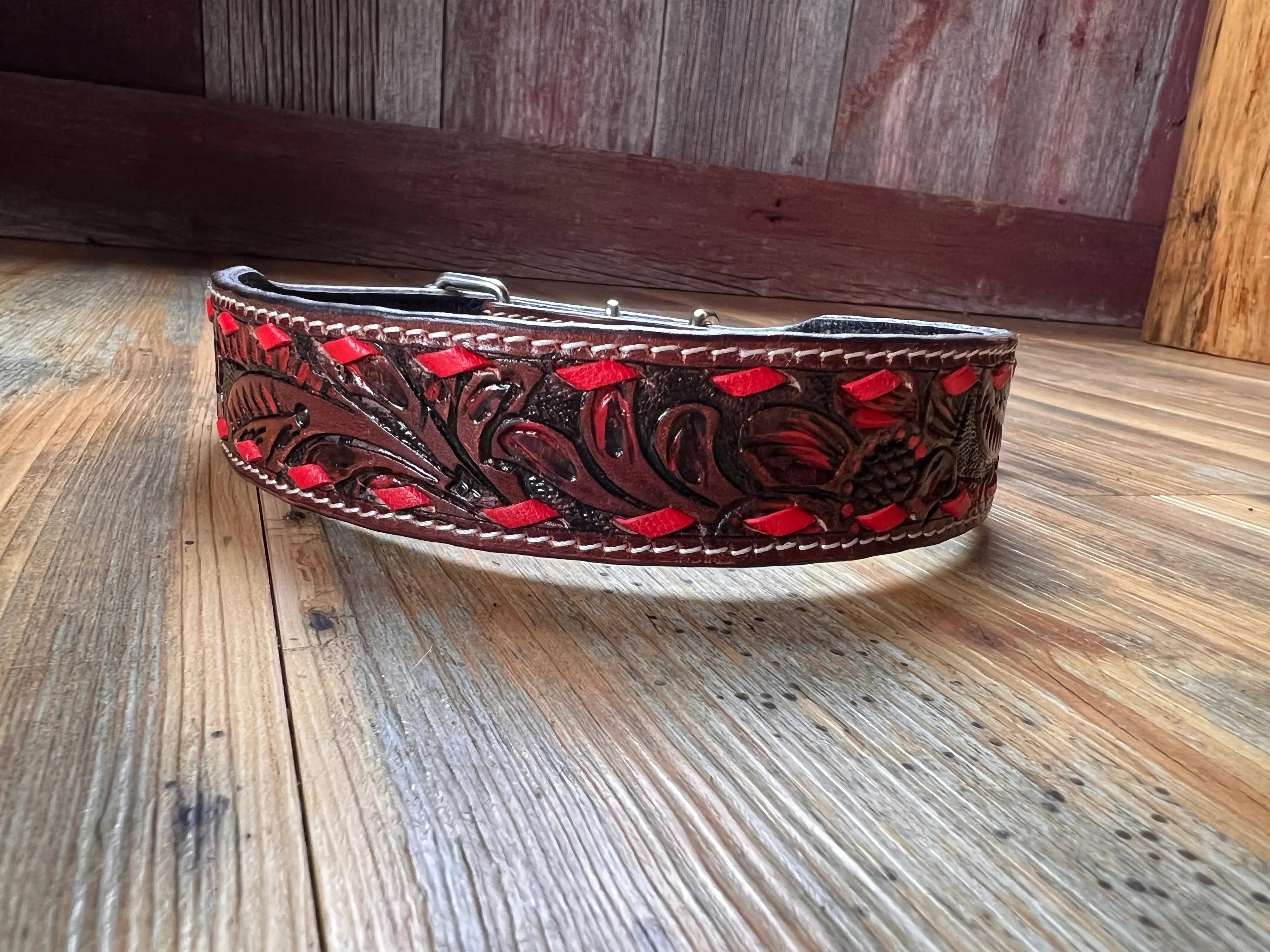 Leather Tooled Dog Collar with Red Buckstitching Dog