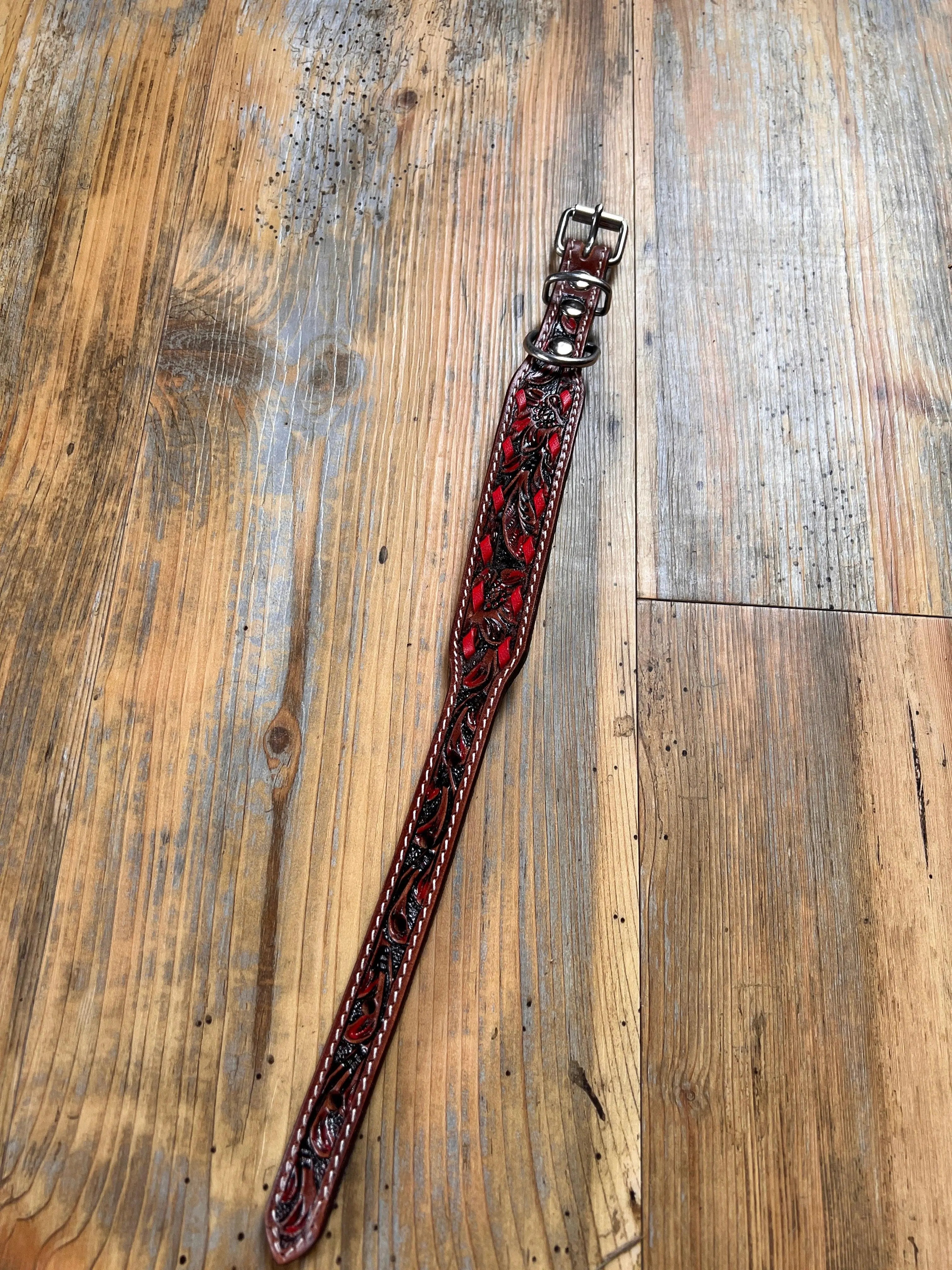 Leather Tooled Dog Collar with Red Buckstitching Dog