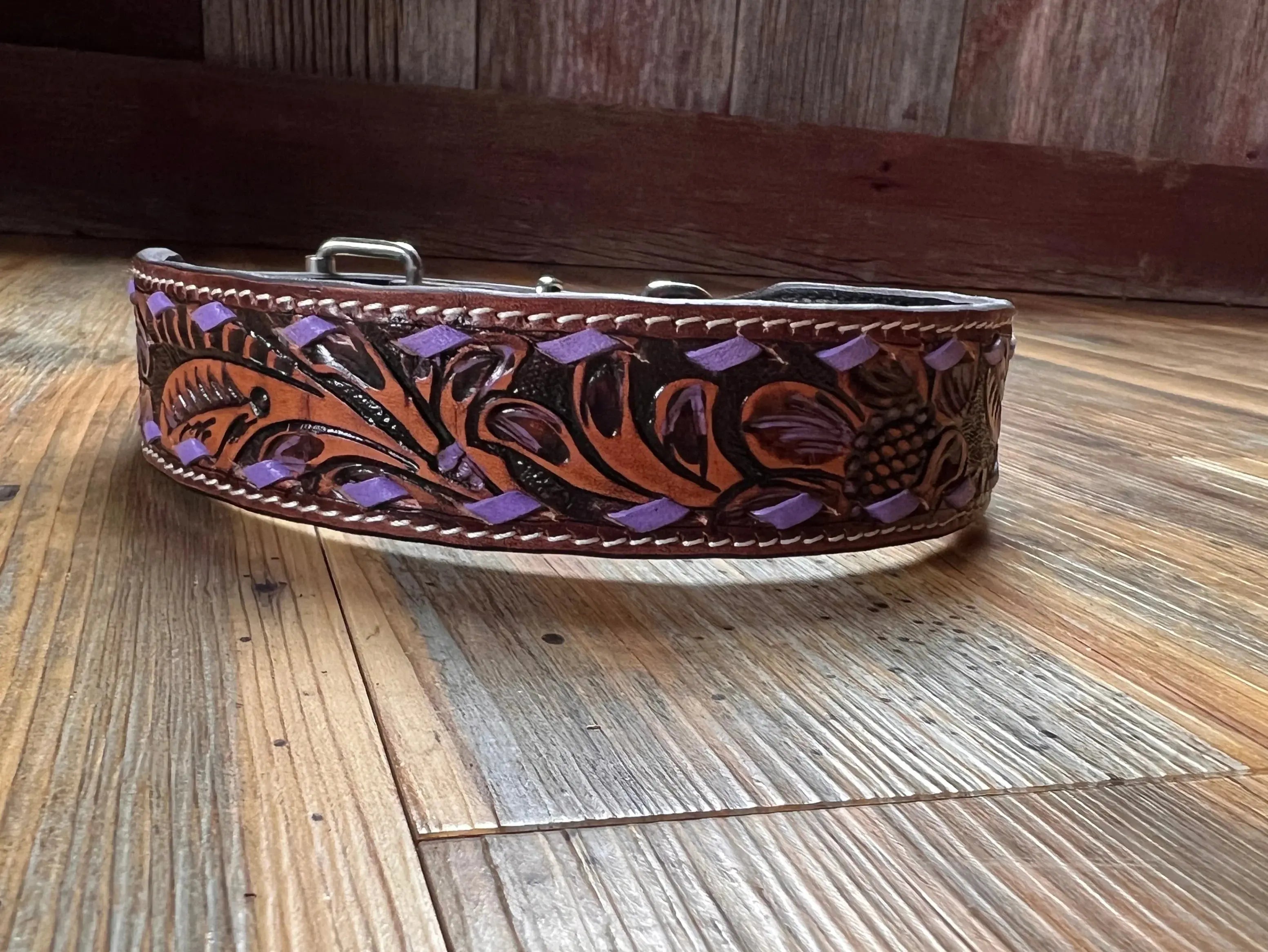 Leather Tooled Dog Collar with Purple Buckstitching Dog