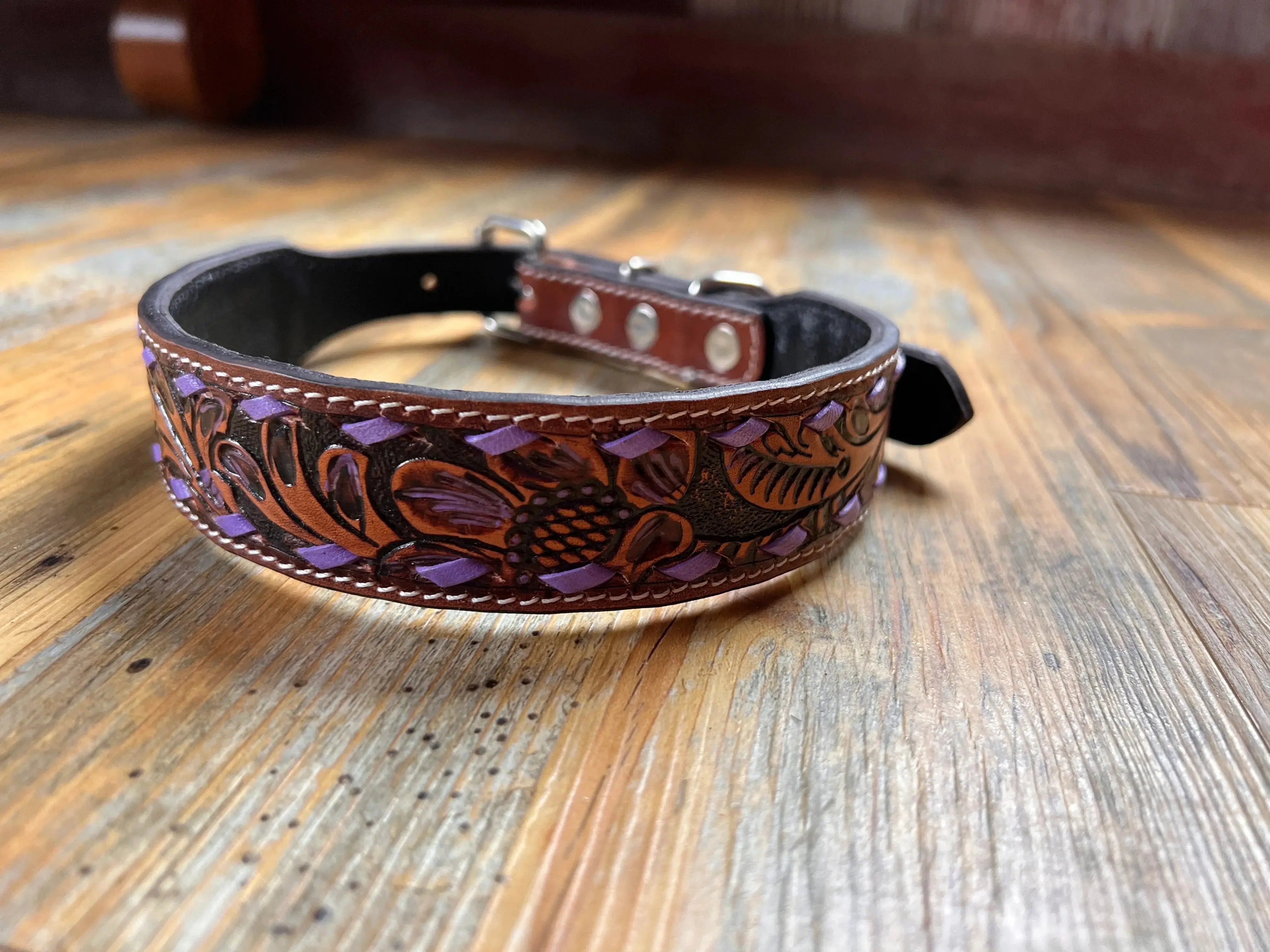 Leather Tooled Dog Collar with Purple Buckstitching Dog