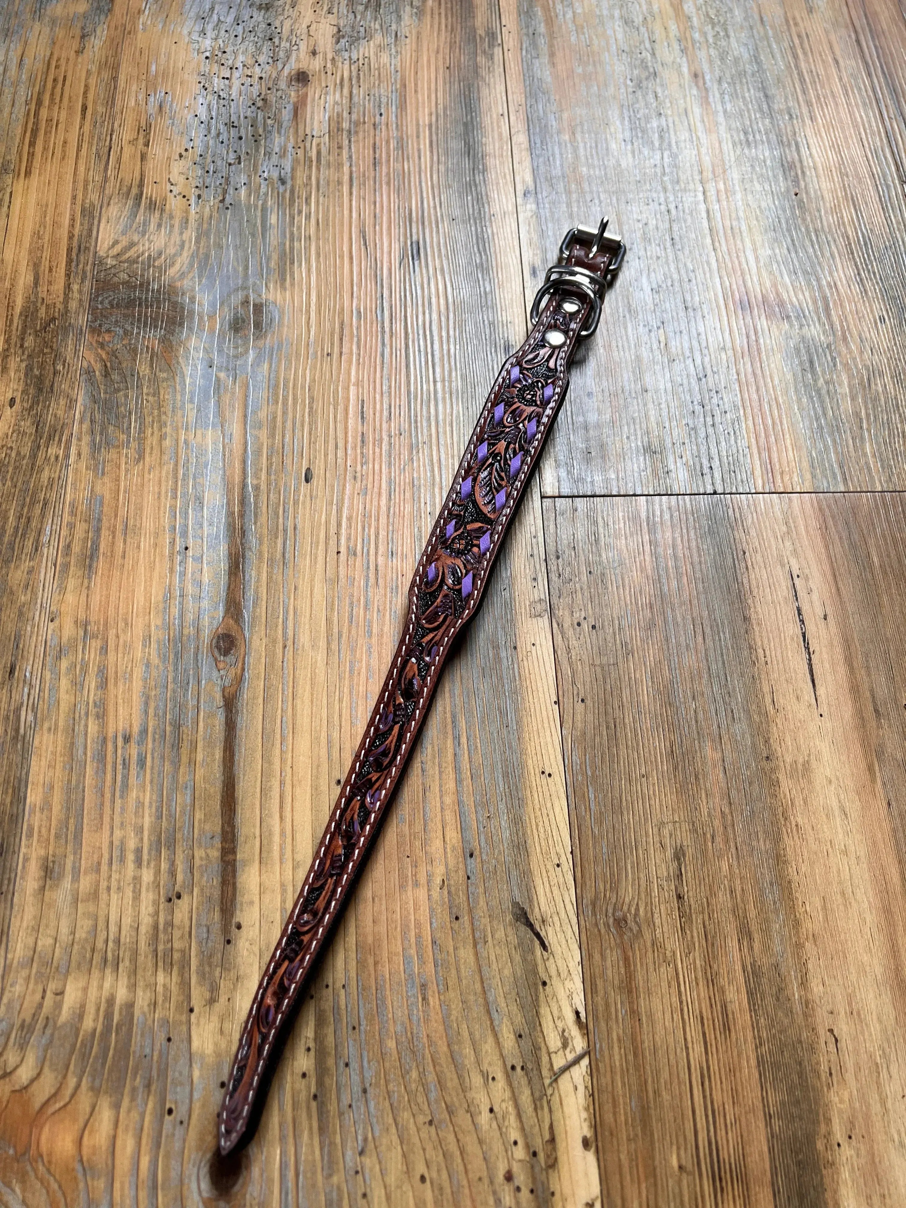 Leather Tooled Dog Collar with Purple Buckstitching Dog