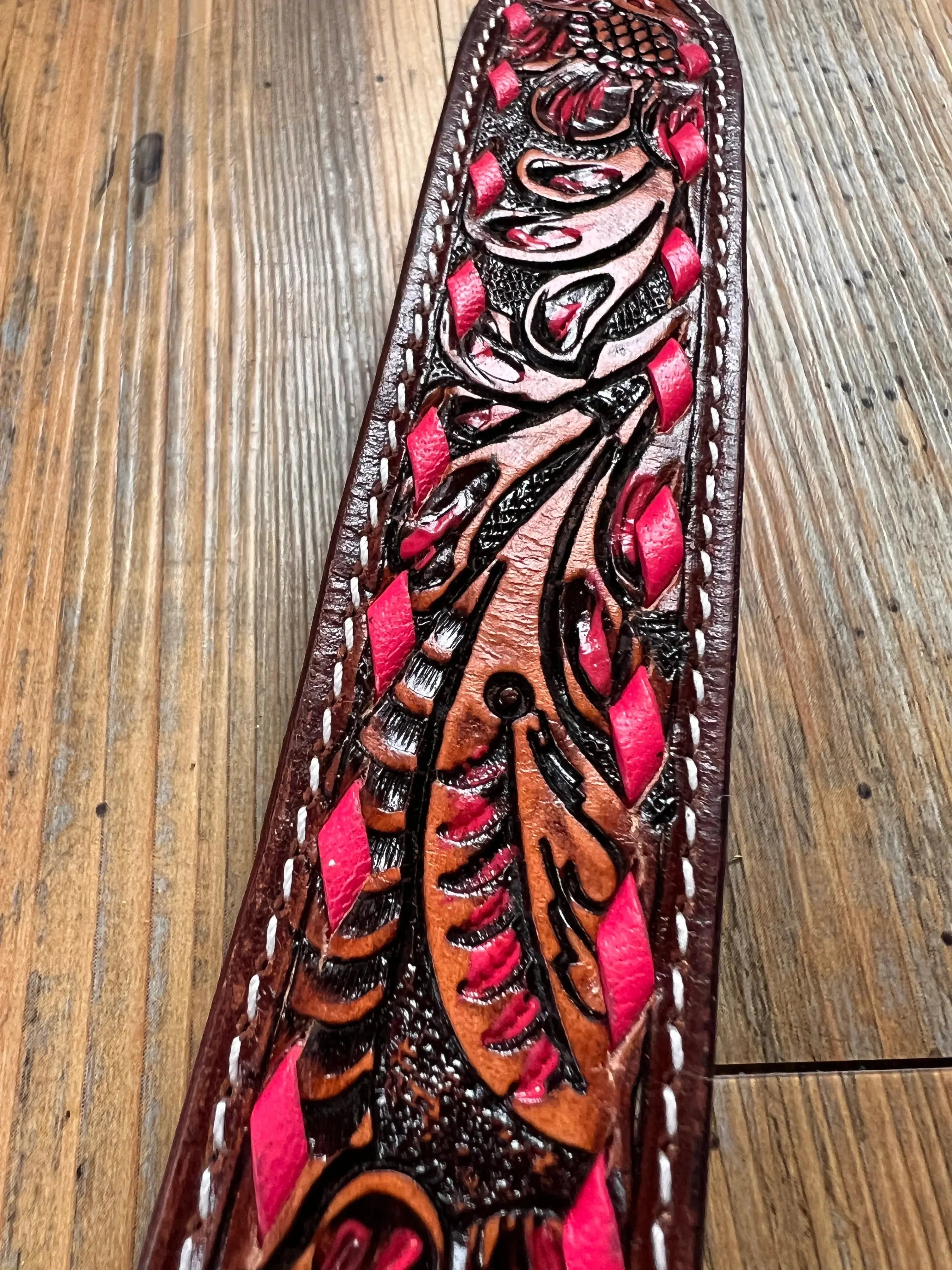 Leather Tooled Dog Collar with Pink Buckstitching Dog