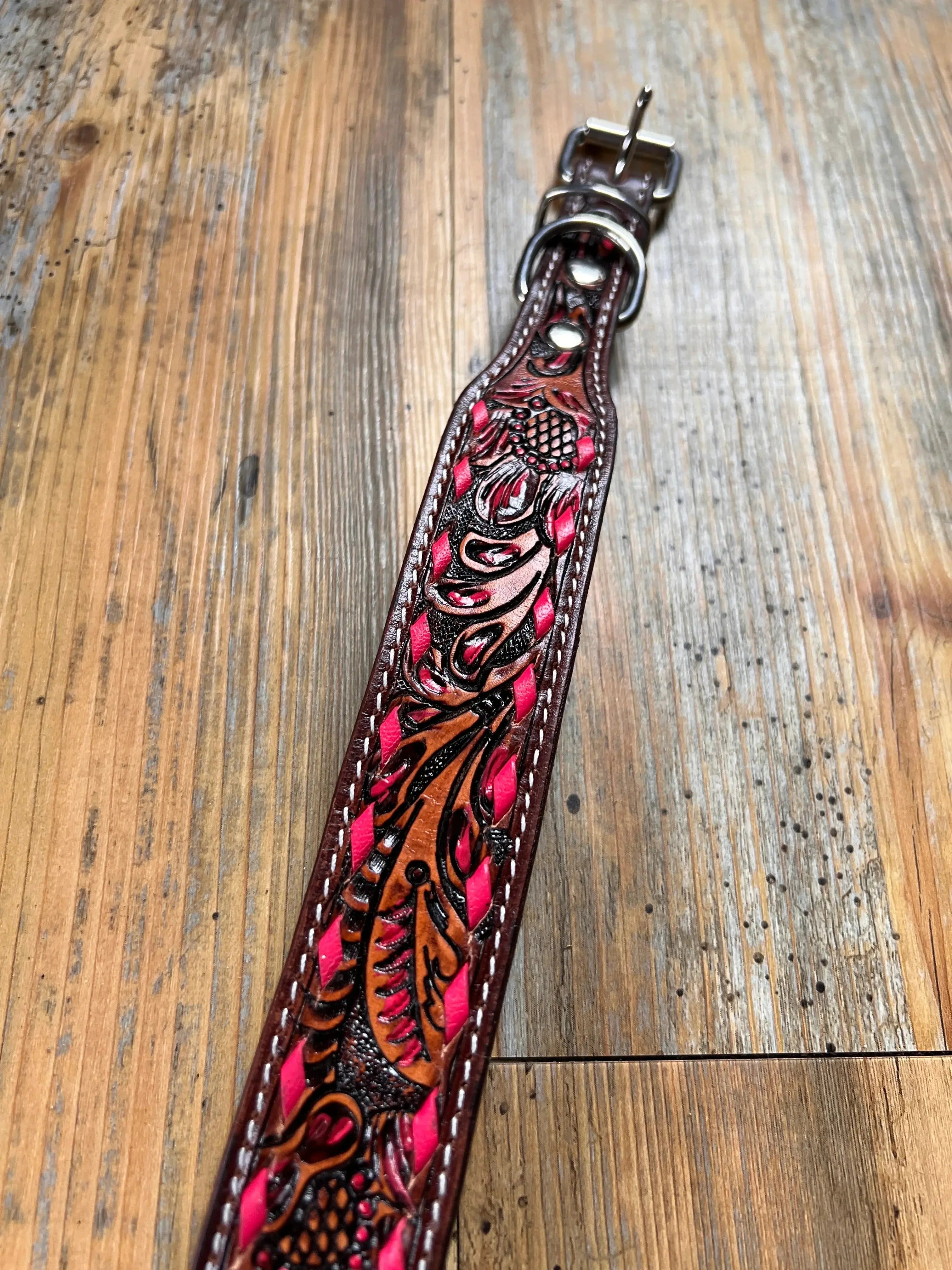 Leather Tooled Dog Collar with Pink Buckstitching Dog