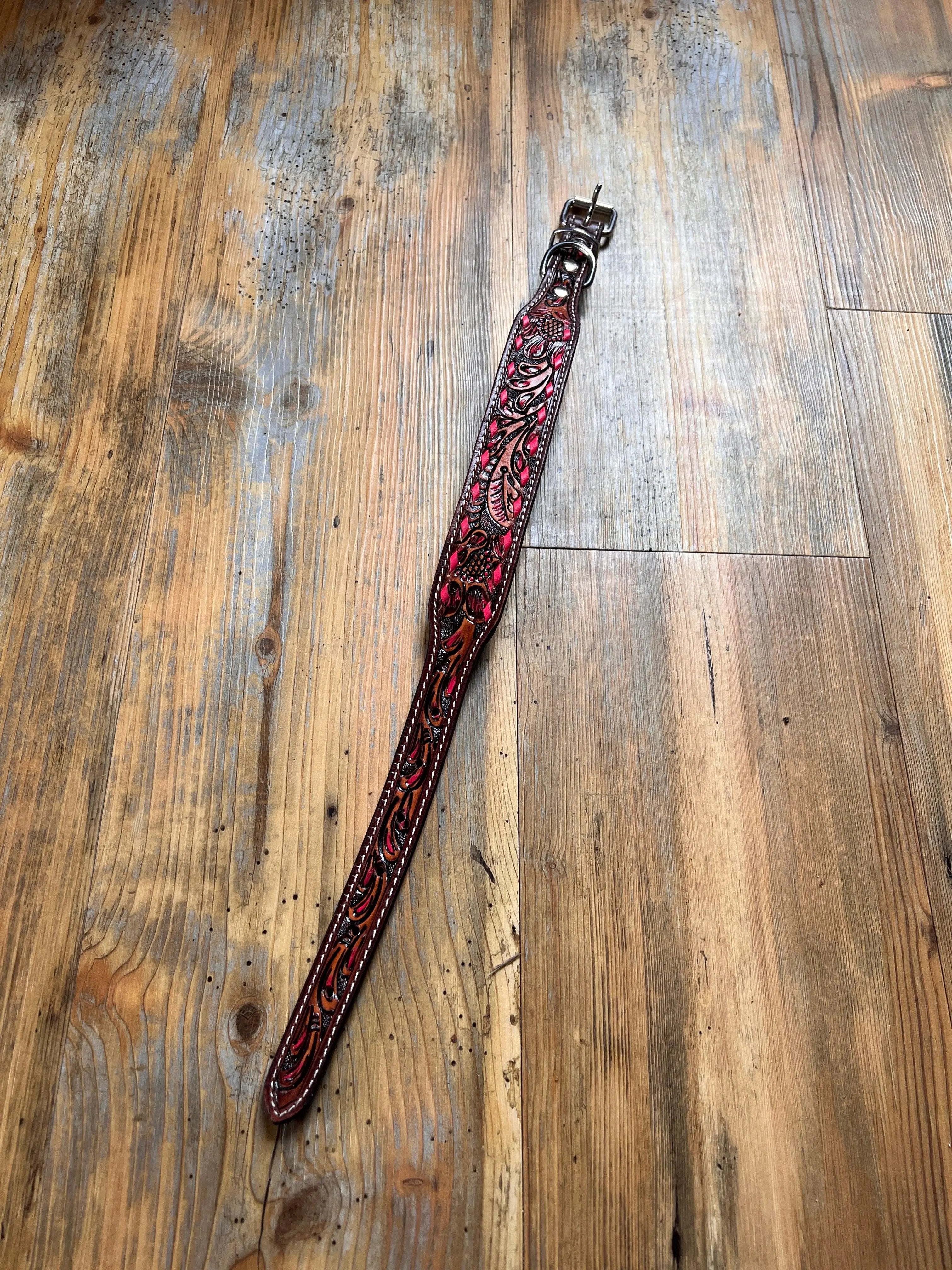 Leather Tooled Dog Collar with Pink Buckstitching Dog