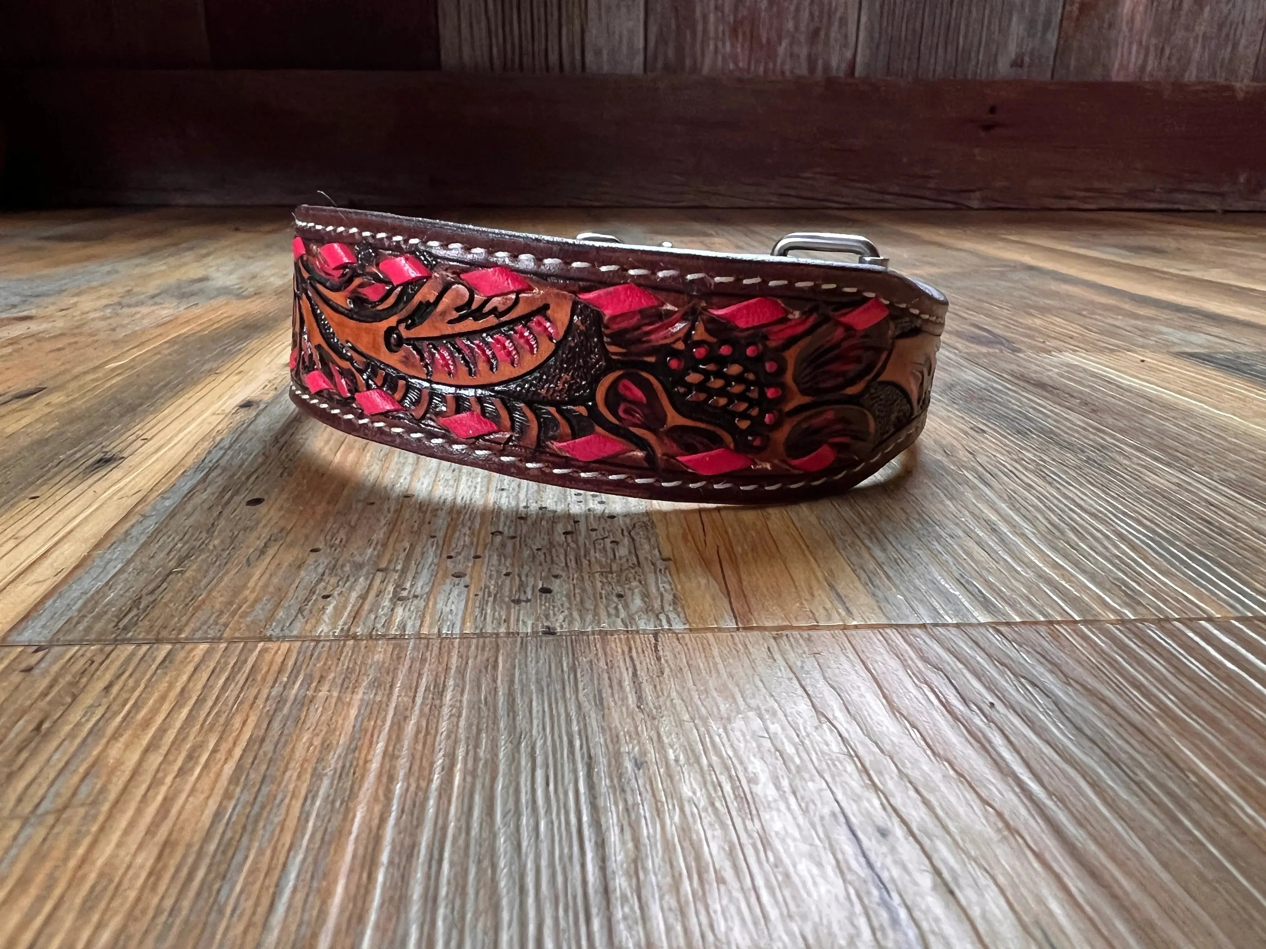 Leather Tooled Dog Collar with Pink Buckstitching Dog