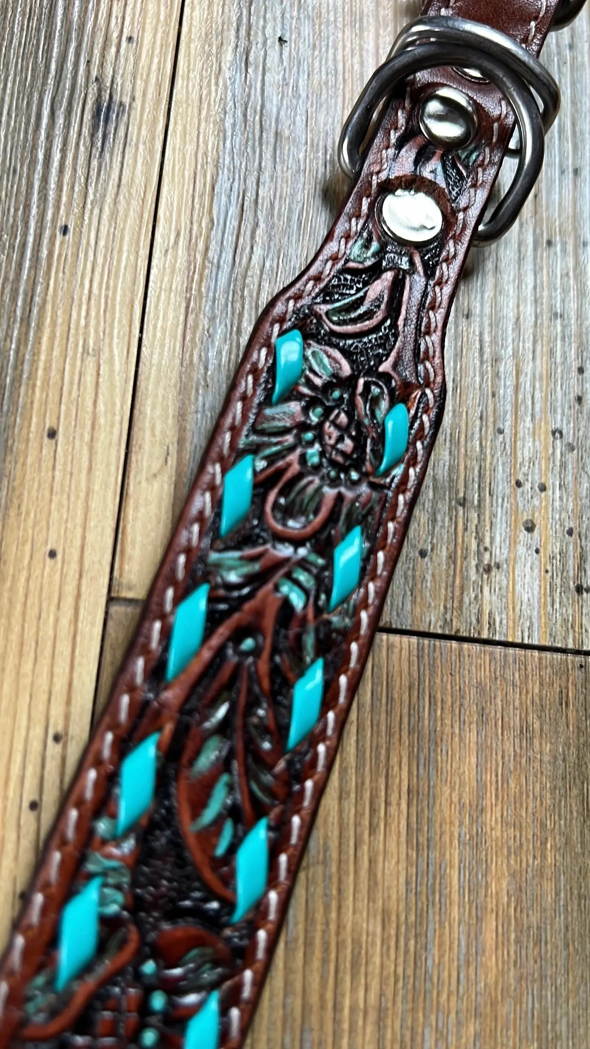 Leather Tooled Dog Collar with Teal Buckstitching Dog