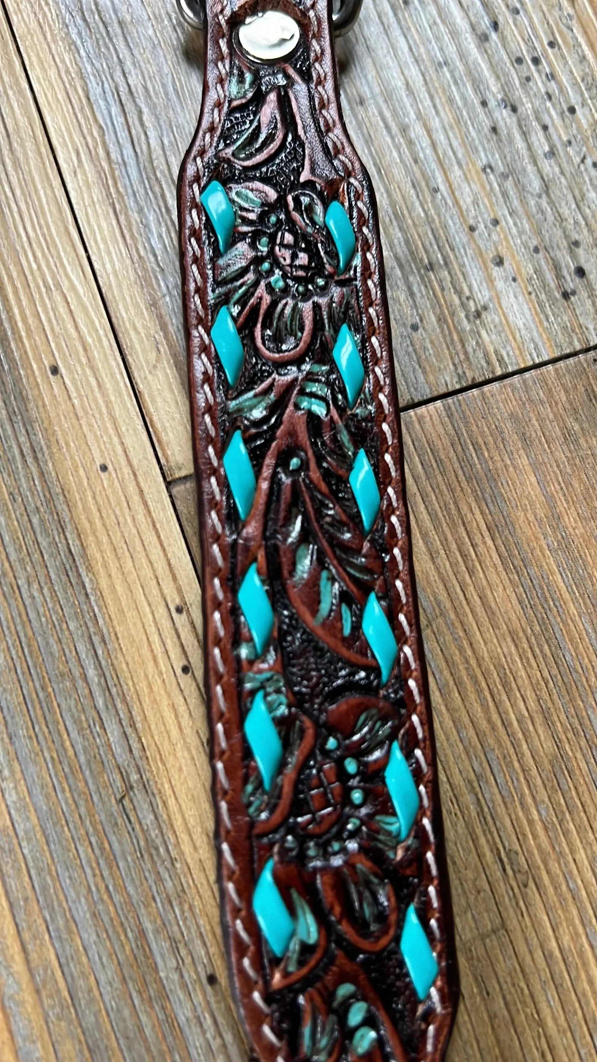 Leather Tooled Dog Collar with Teal Buckstitching Dog