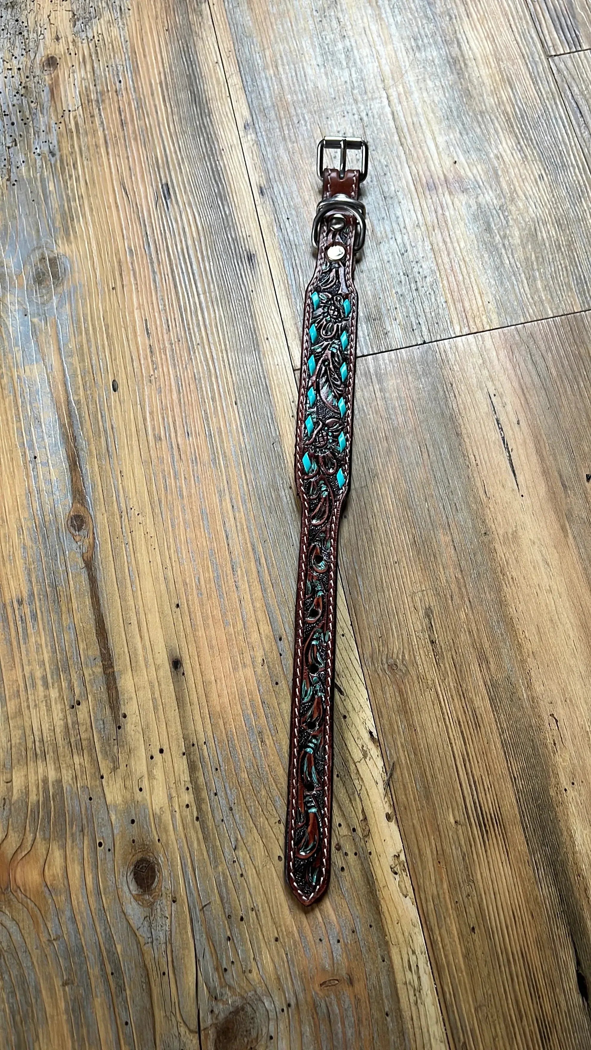 Leather Tooled Dog Collar with Teal Buckstitching Dog