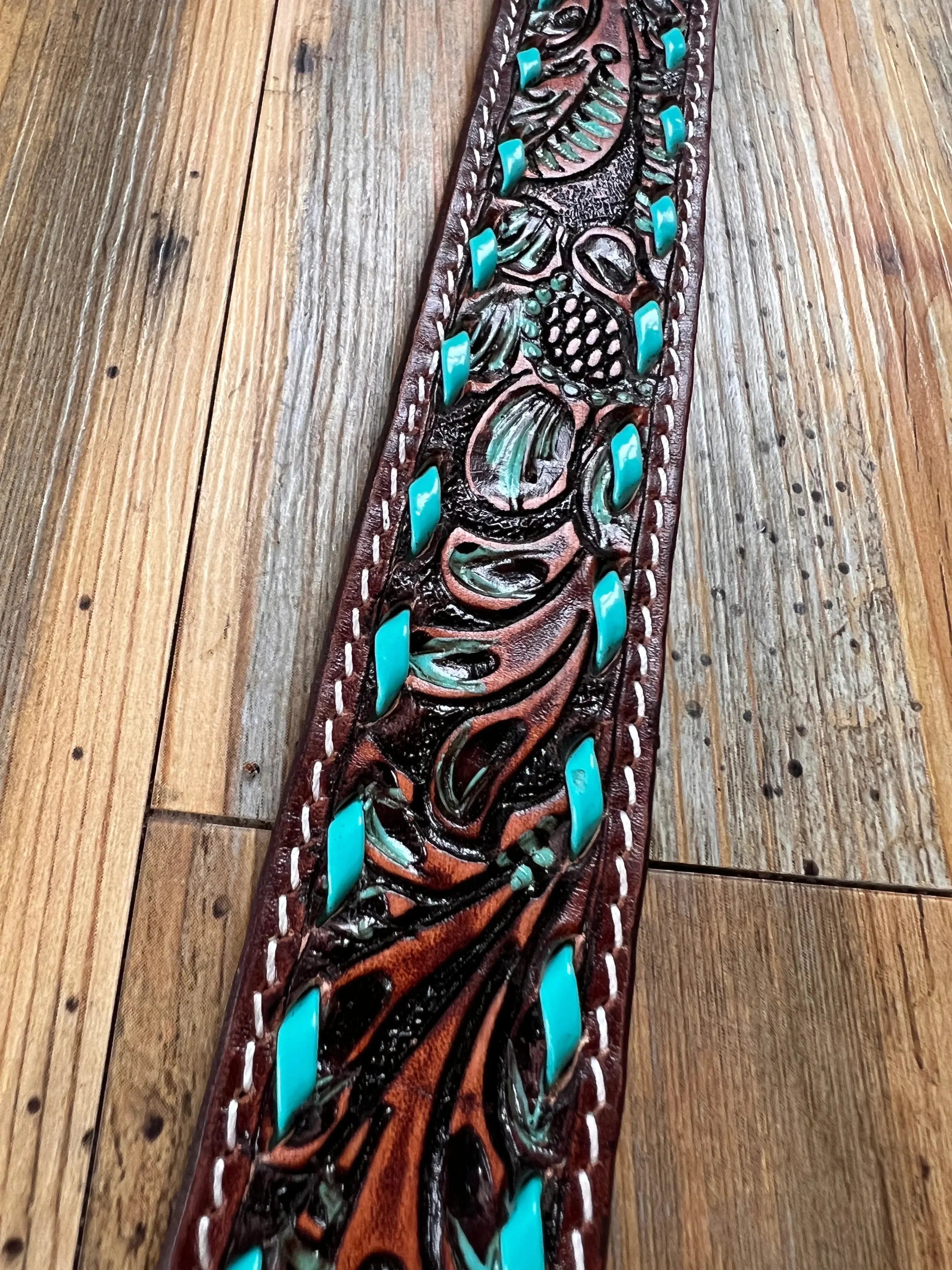 Leather Tooled Dog Collar with Teal Buckstitching Dog
