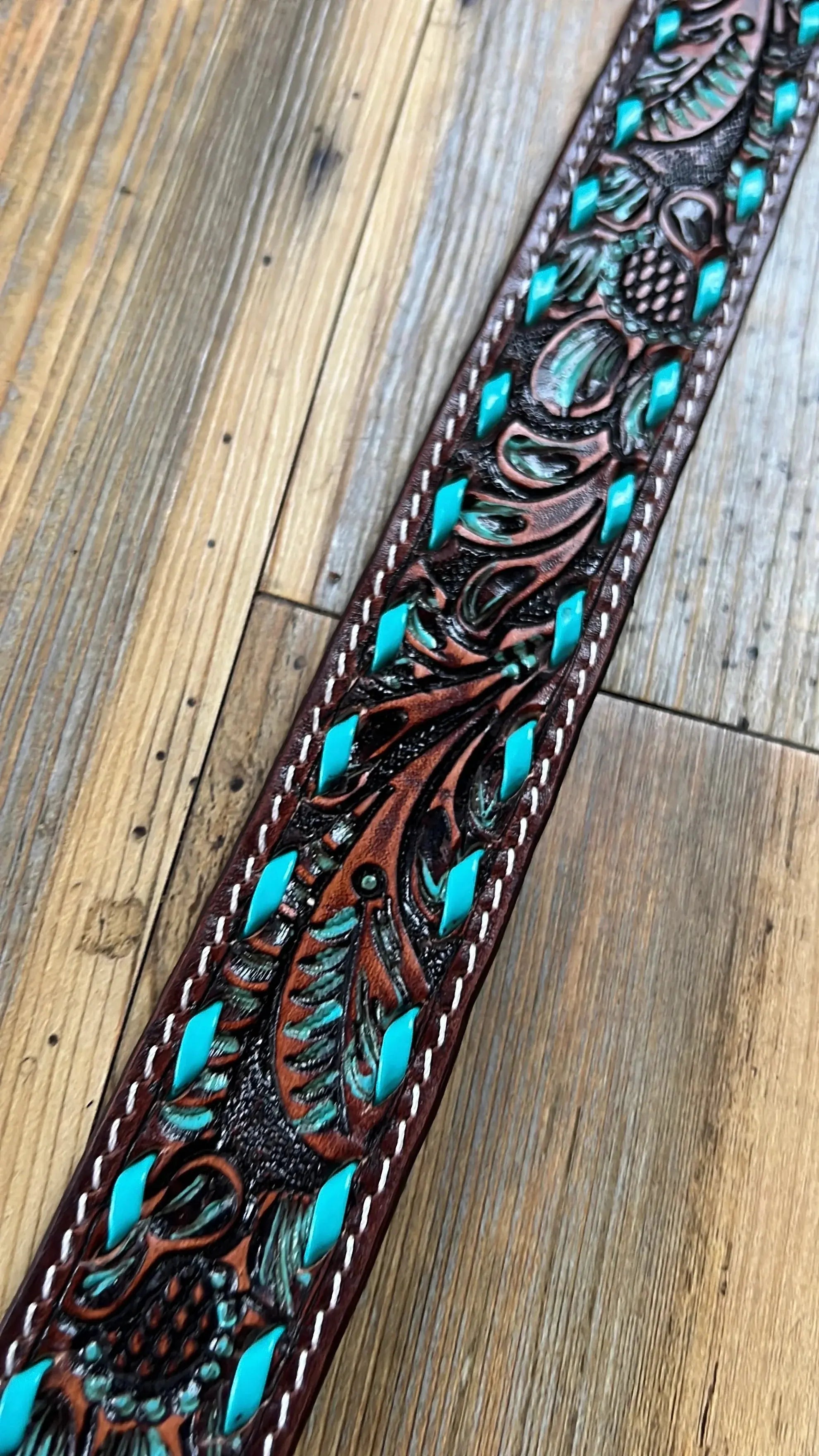 Leather Tooled Dog Collar with Teal Buckstitching Dog
