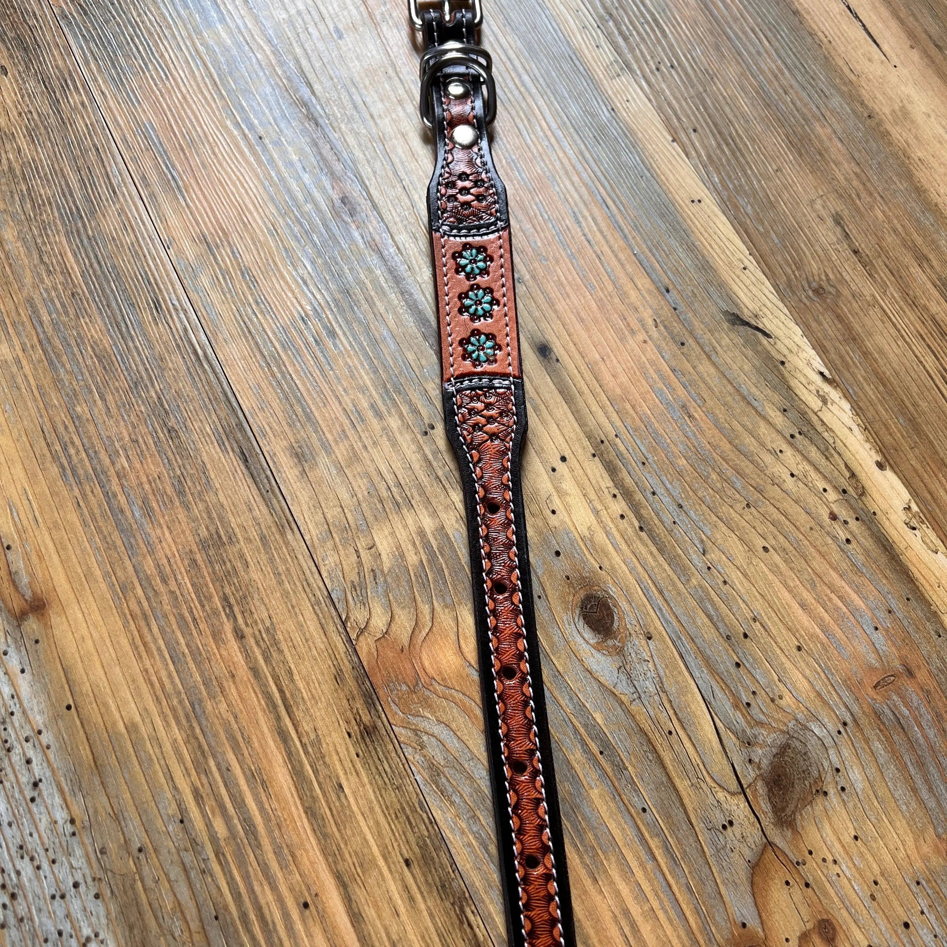 Leather Handpainted Tooled Squash Blossom Dog Collar Dog