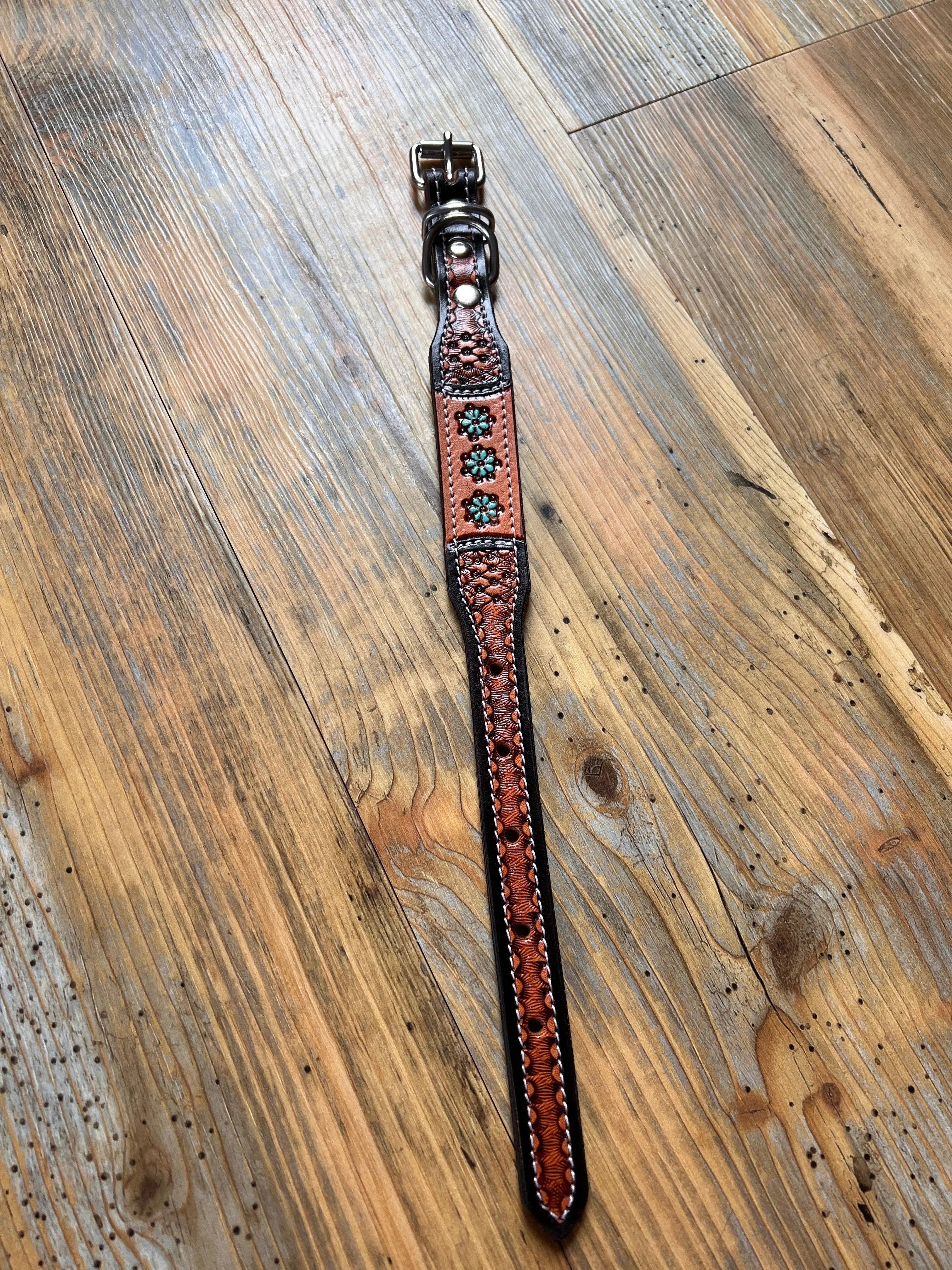 Leather Handpainted Tooled Squash Blossom Dog Collar Dog