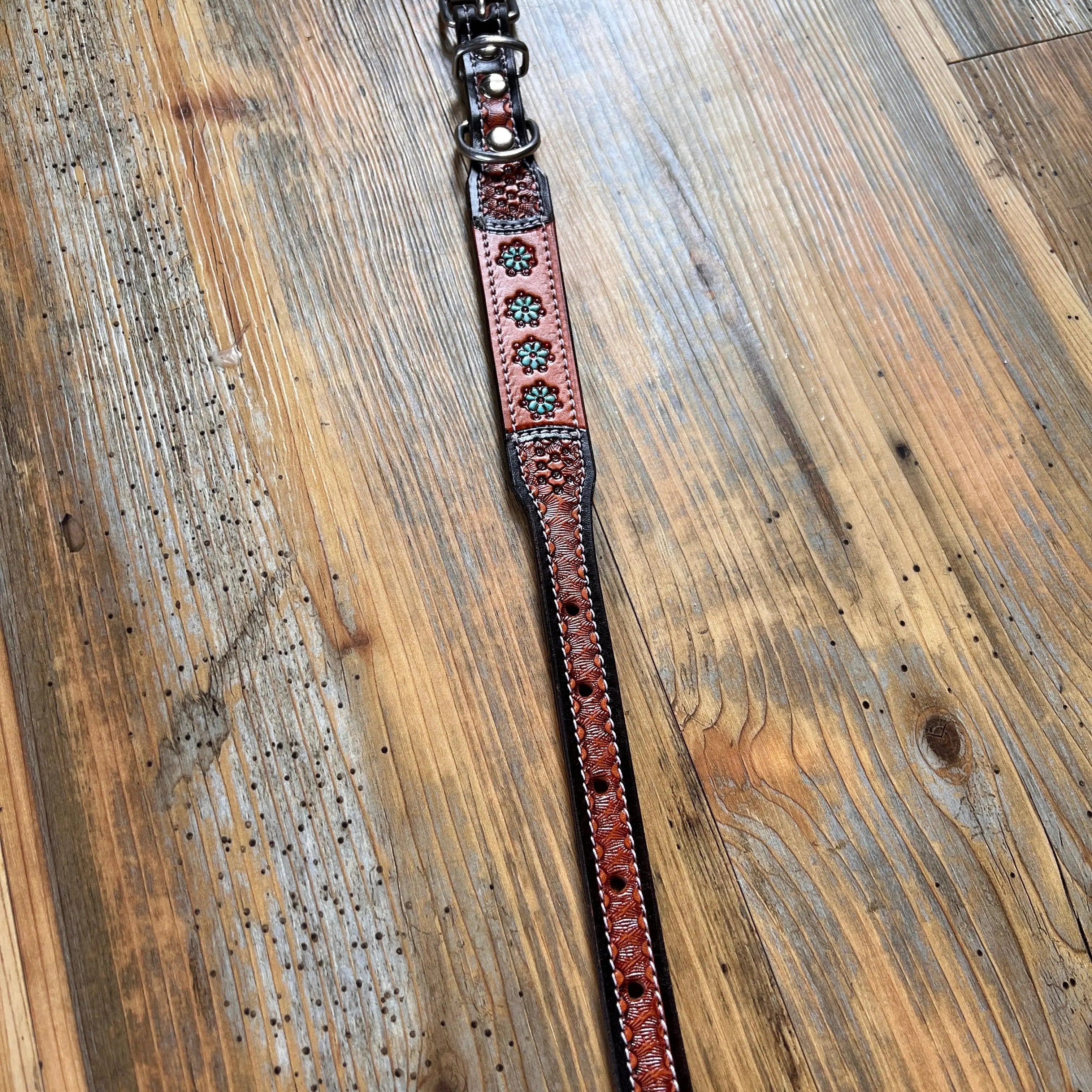 Leather Handpainted Tooled Squash Blossom Dog Collar Dog