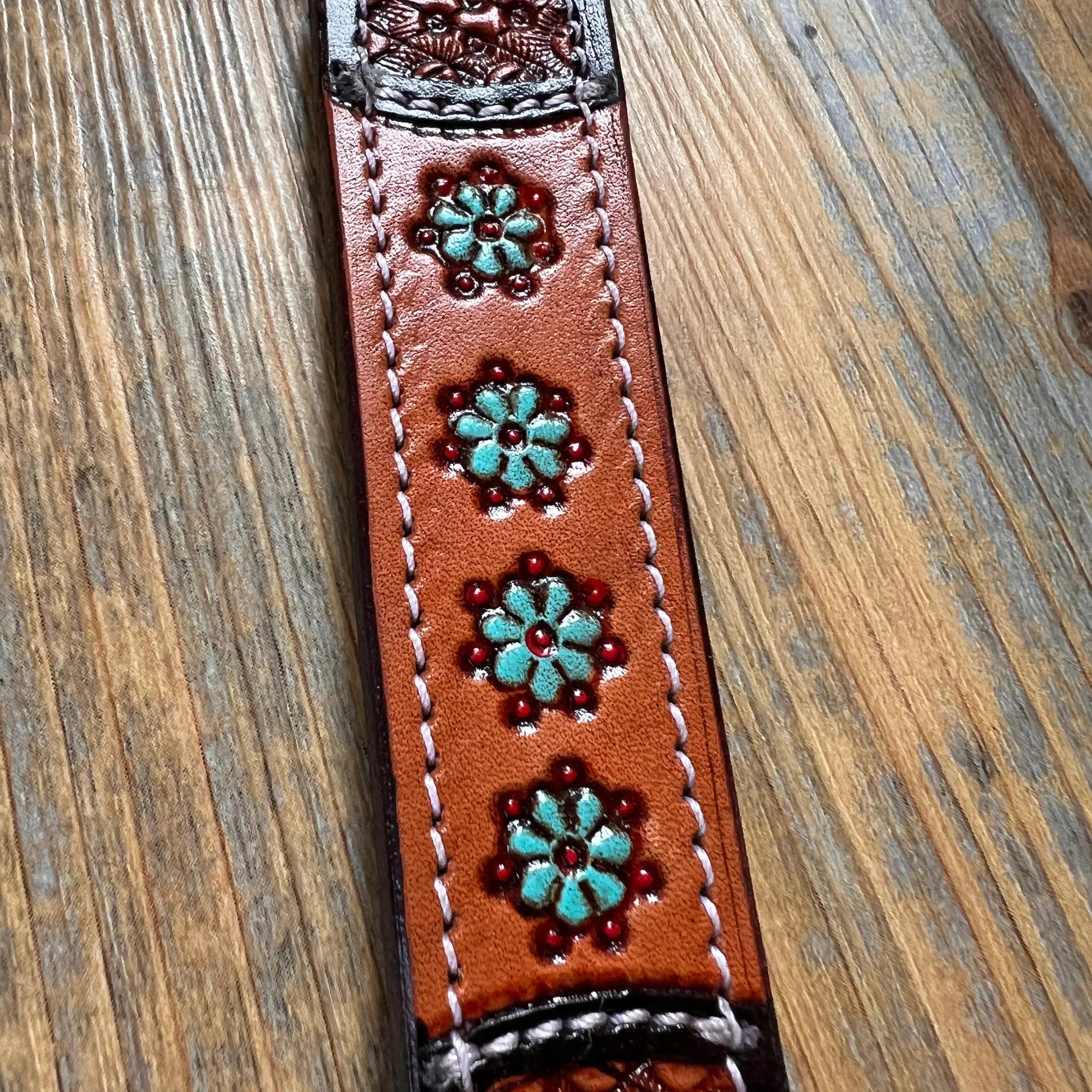 Leather Handpainted Tooled Squash Blossom Dog Collar Dog