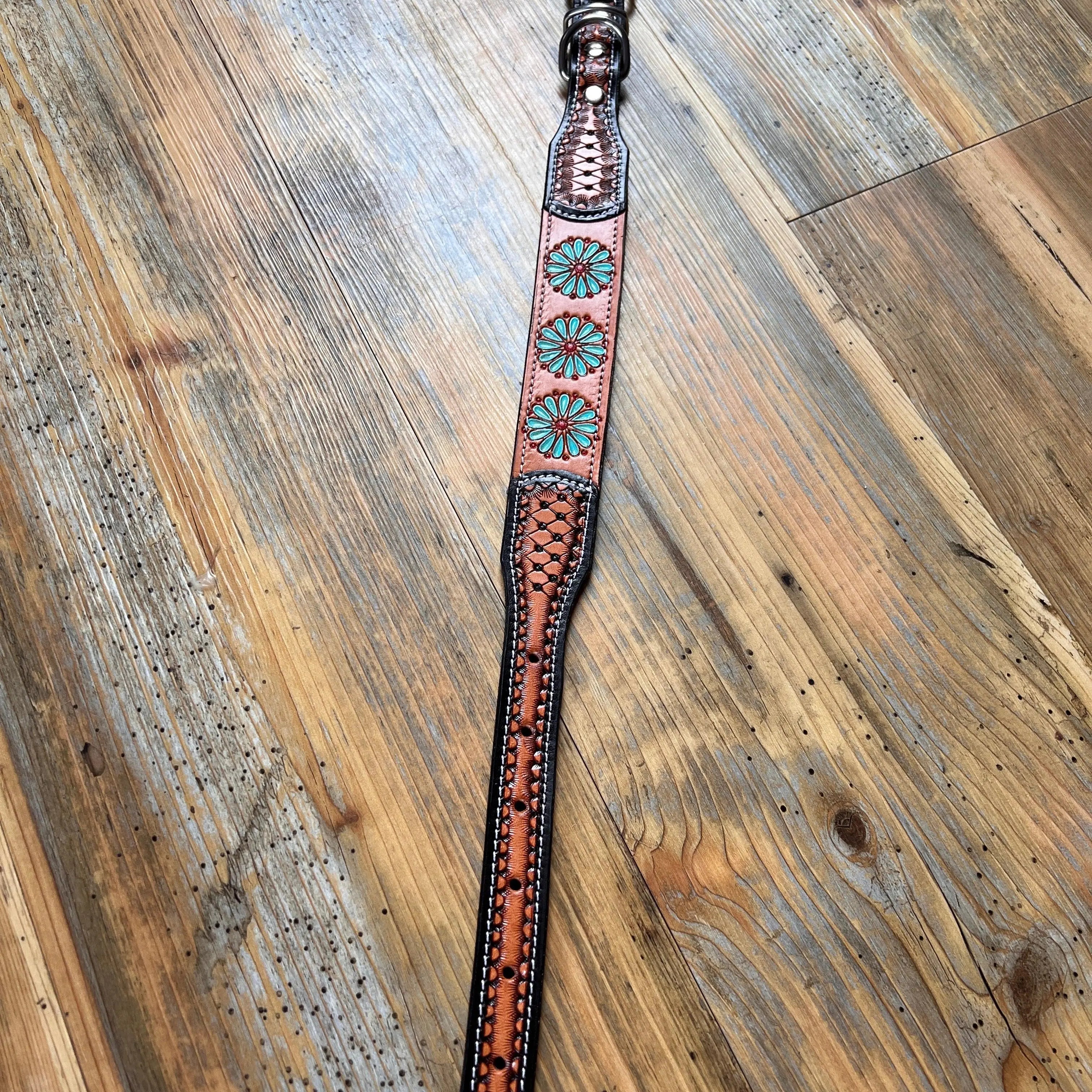 Leather Handpainted Tooled Squash Blossom Dog Collar Dog