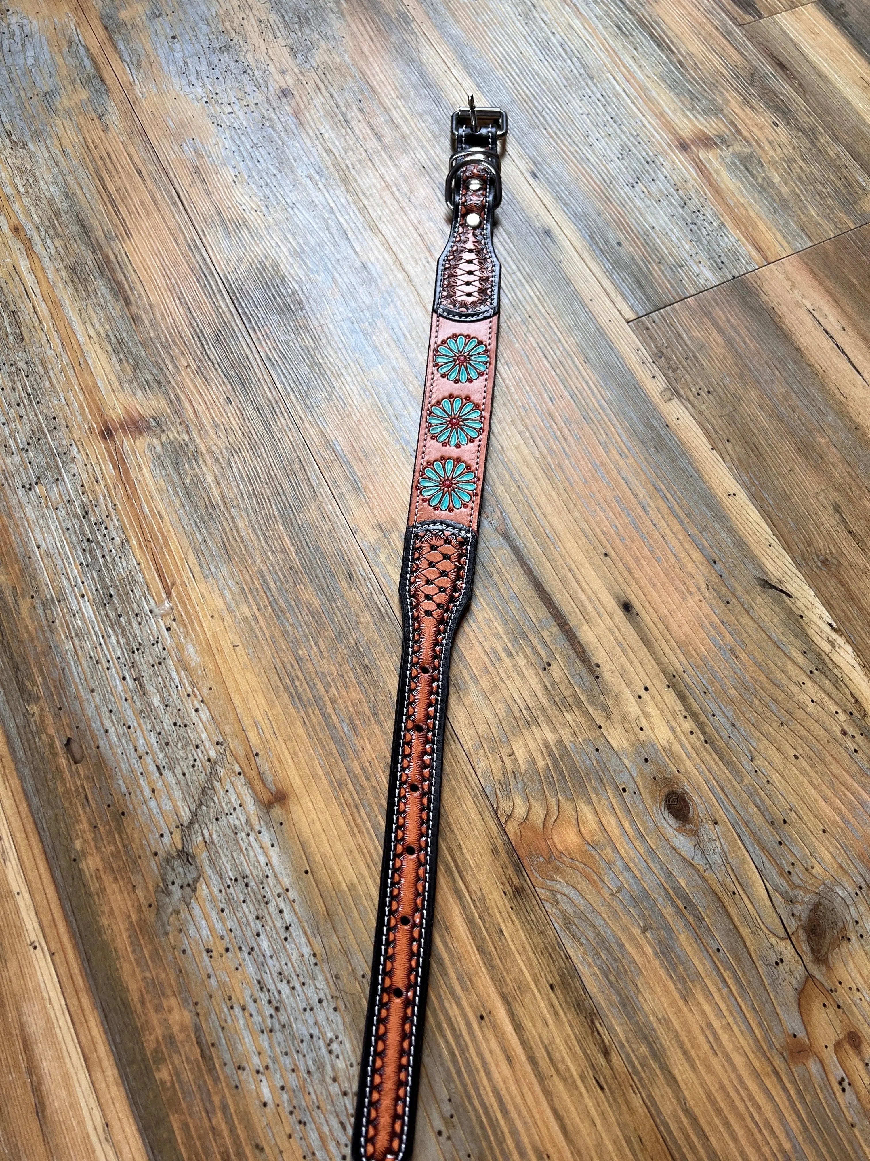 Leather Handpainted Tooled Squash Blossom Dog Collar Dog