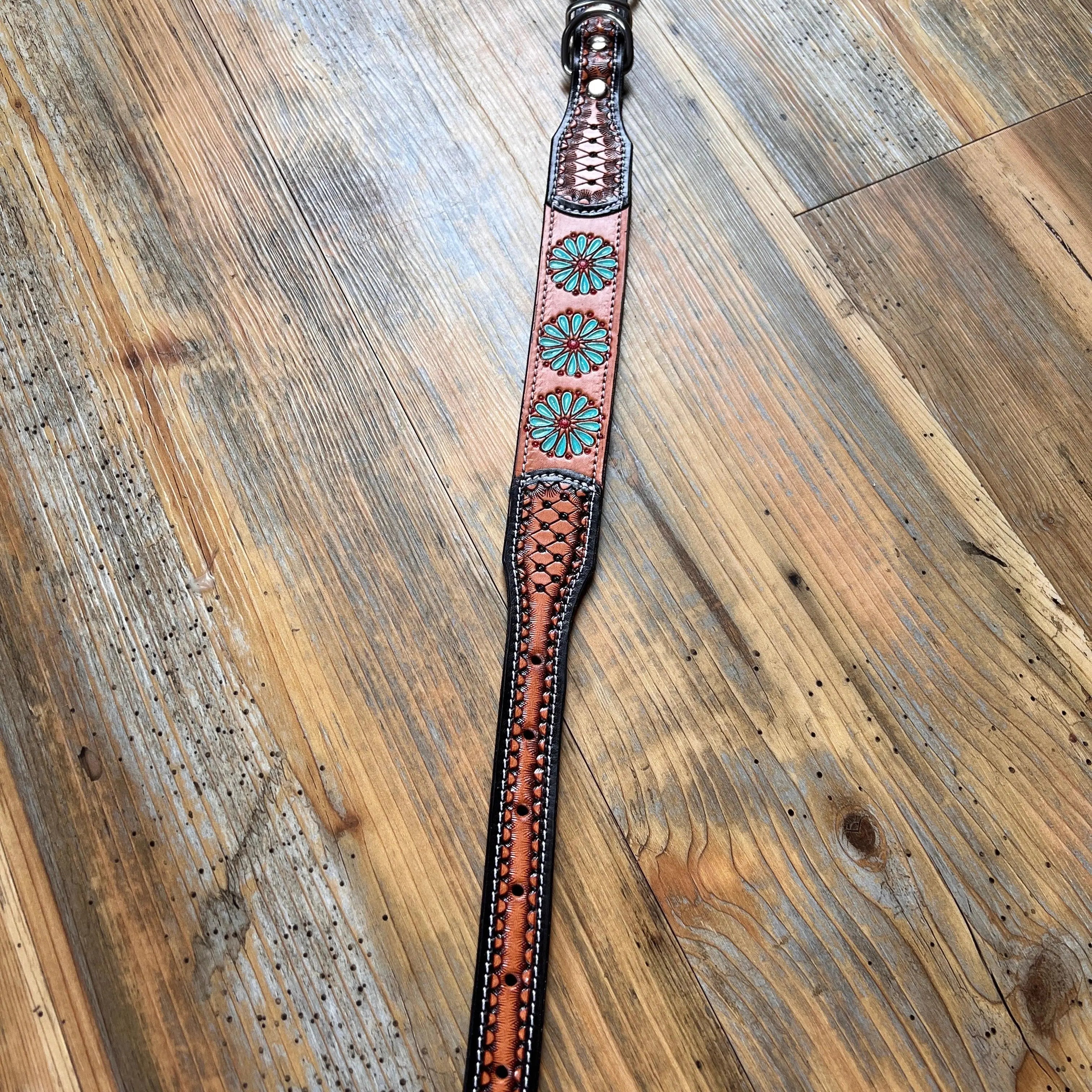 Leather Handpainted Tooled Squash Blossom Dog Collar Dog