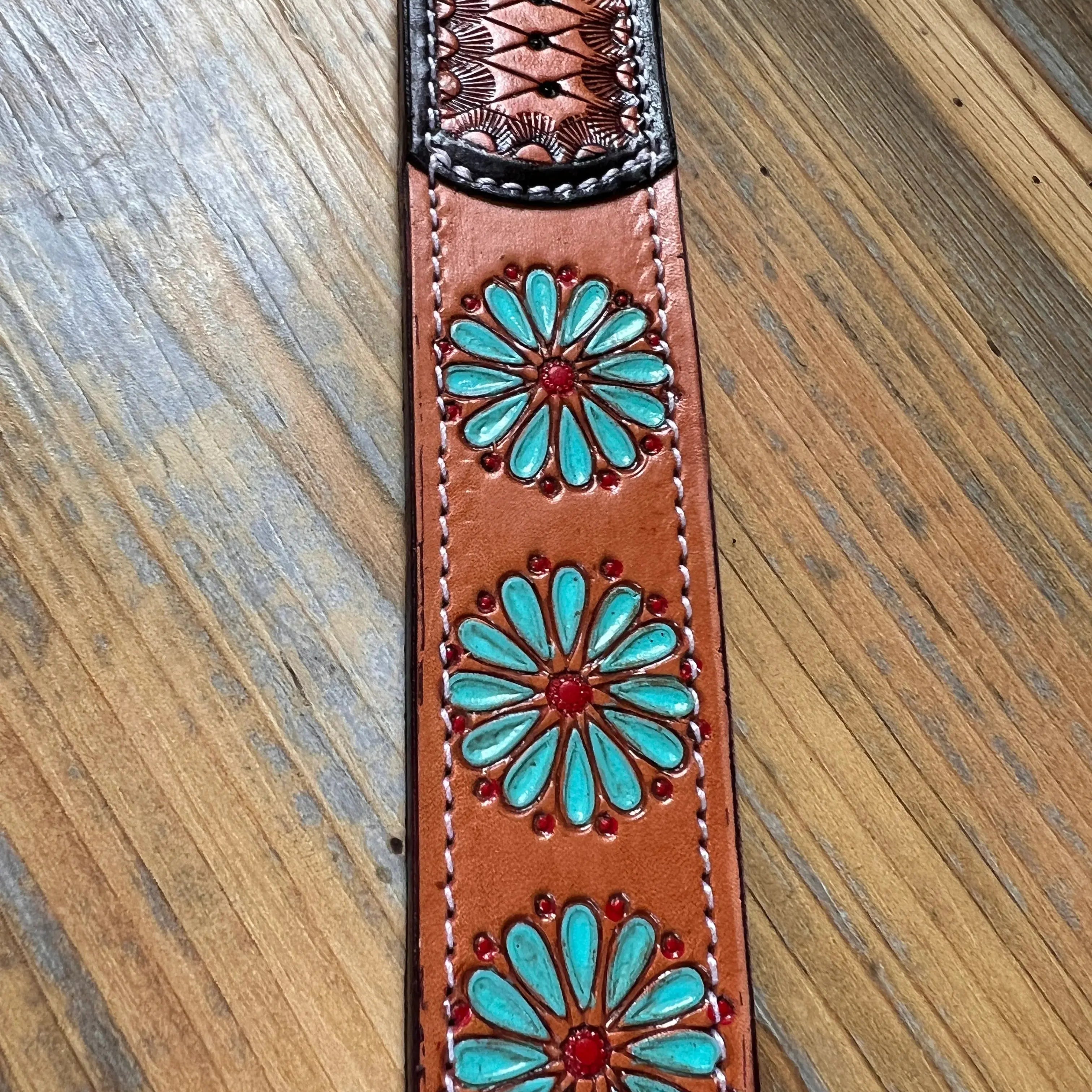 Leather Handpainted Tooled Squash Blossom Dog Collar Dog