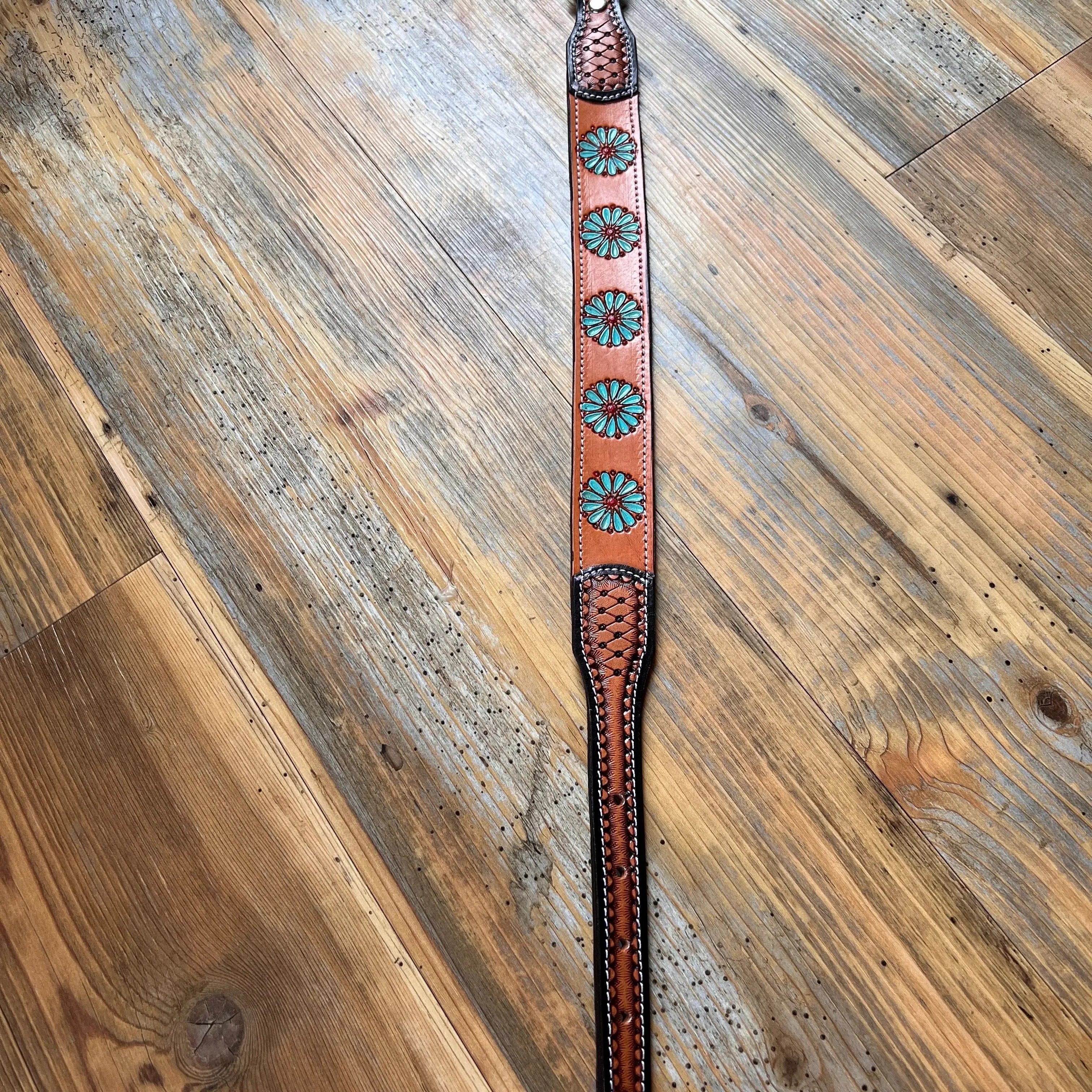 Leather Handpainted Tooled Squash Blossom Dog Collar Dog