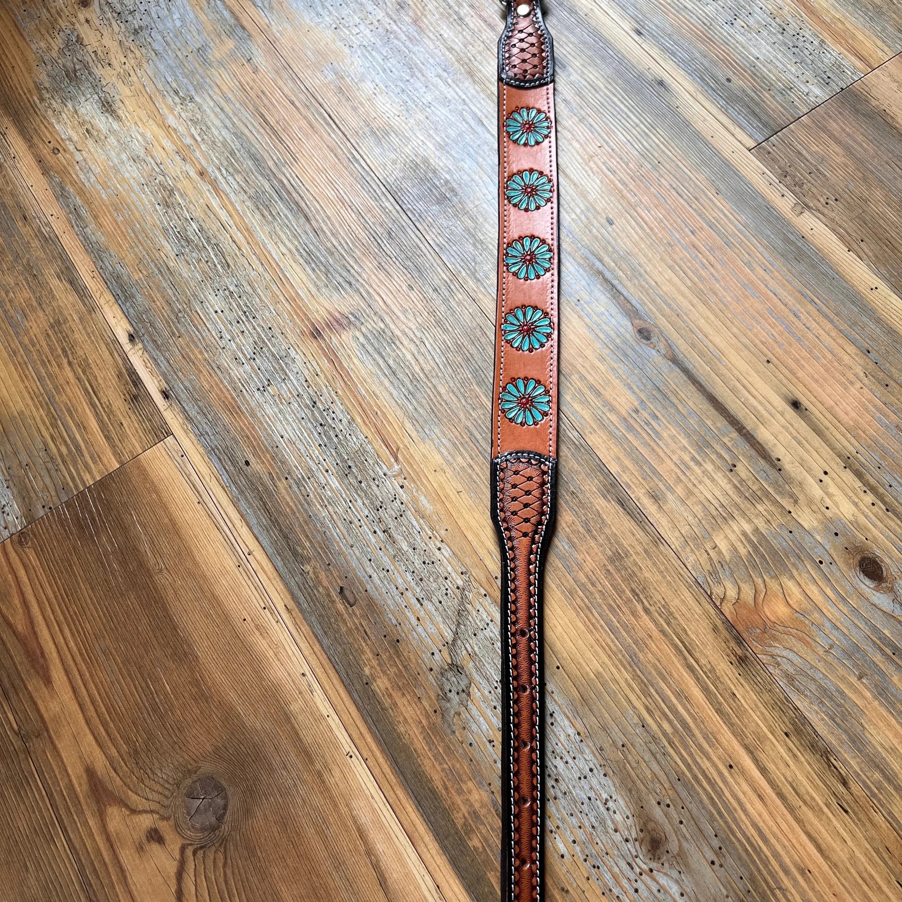Leather Handpainted Tooled Squash Blossom Dog Collar Dog