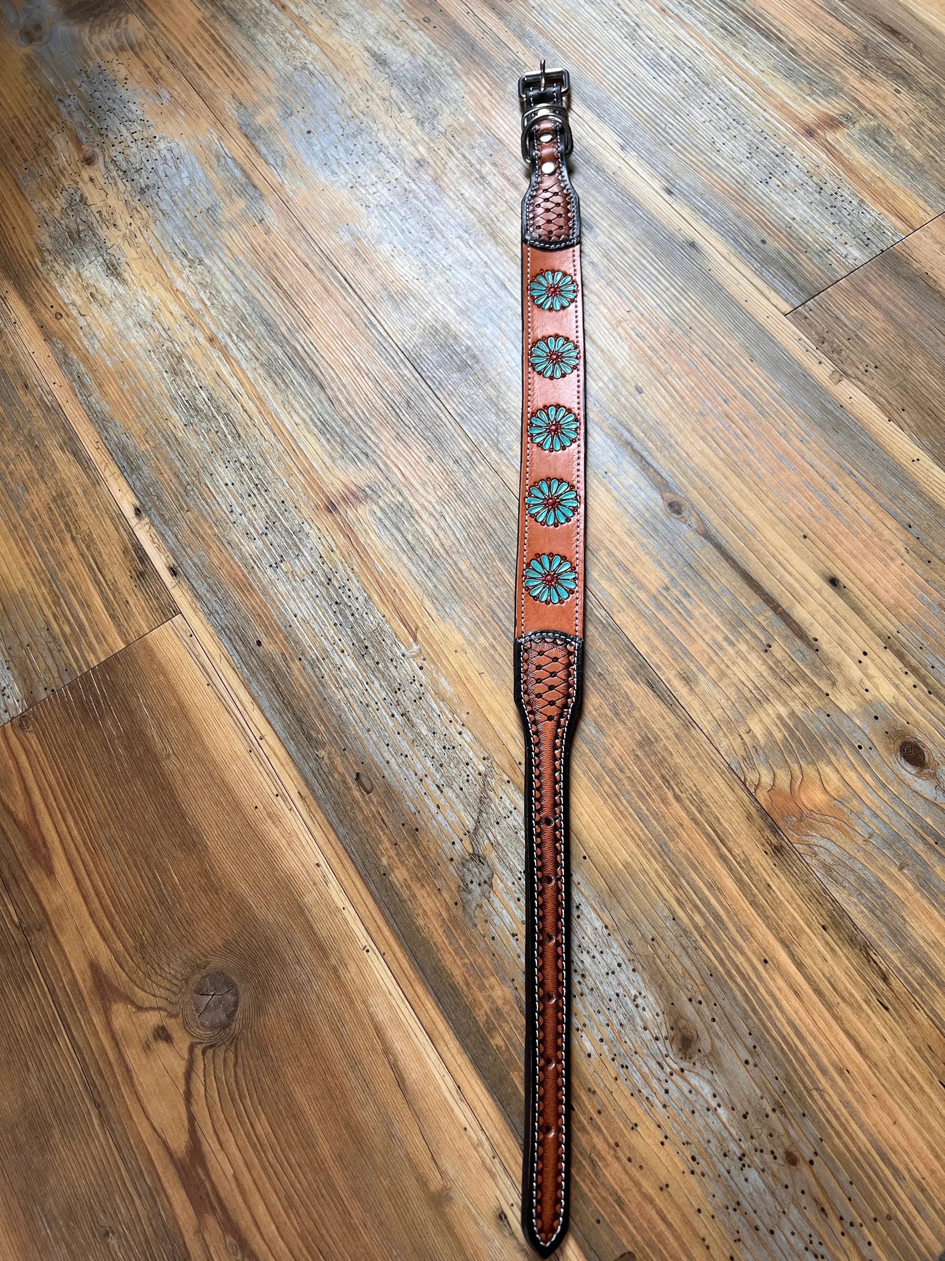 Leather Handpainted Tooled Squash Blossom Dog Collar Dog