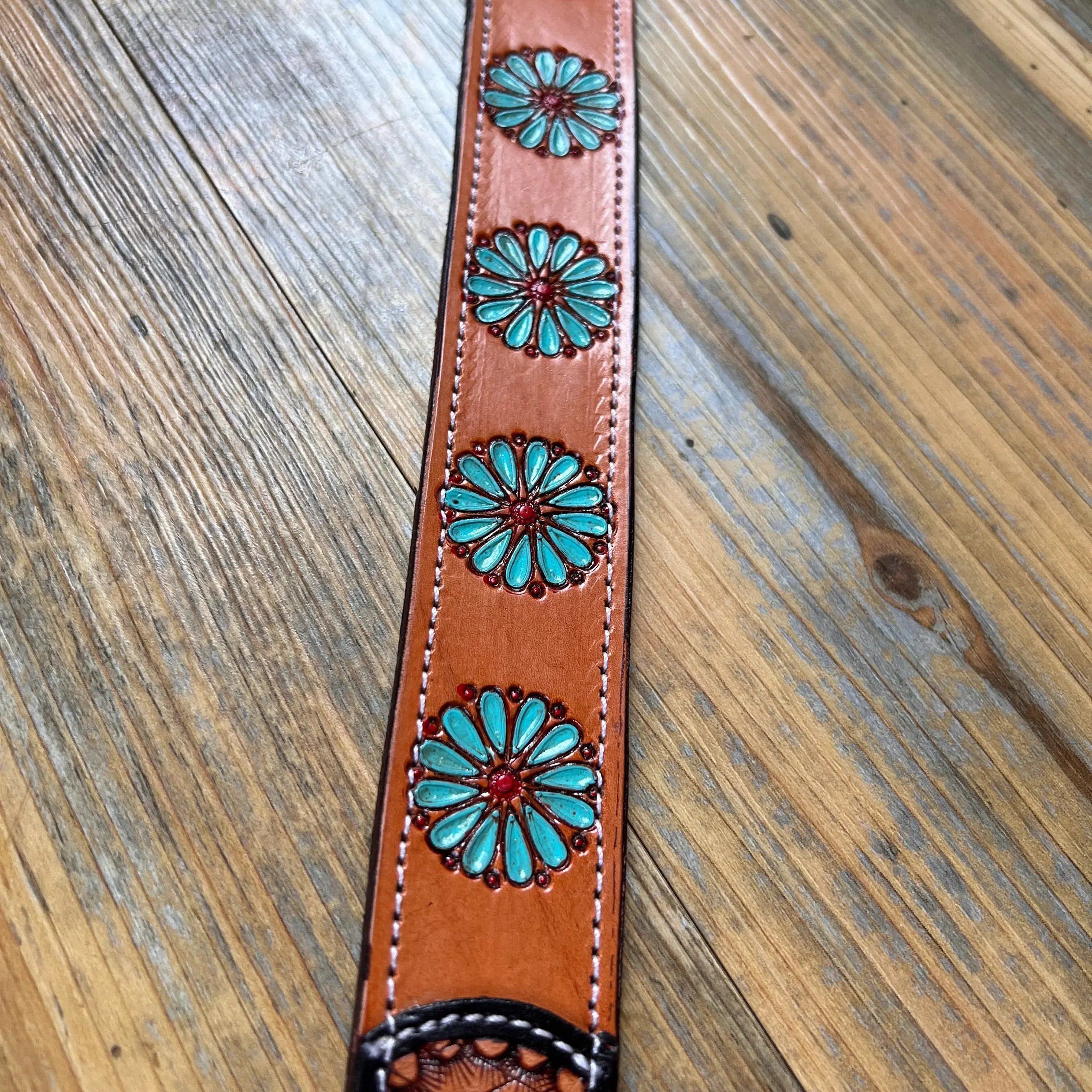 Leather Handpainted Tooled Squash Blossom Dog Collar Dog
