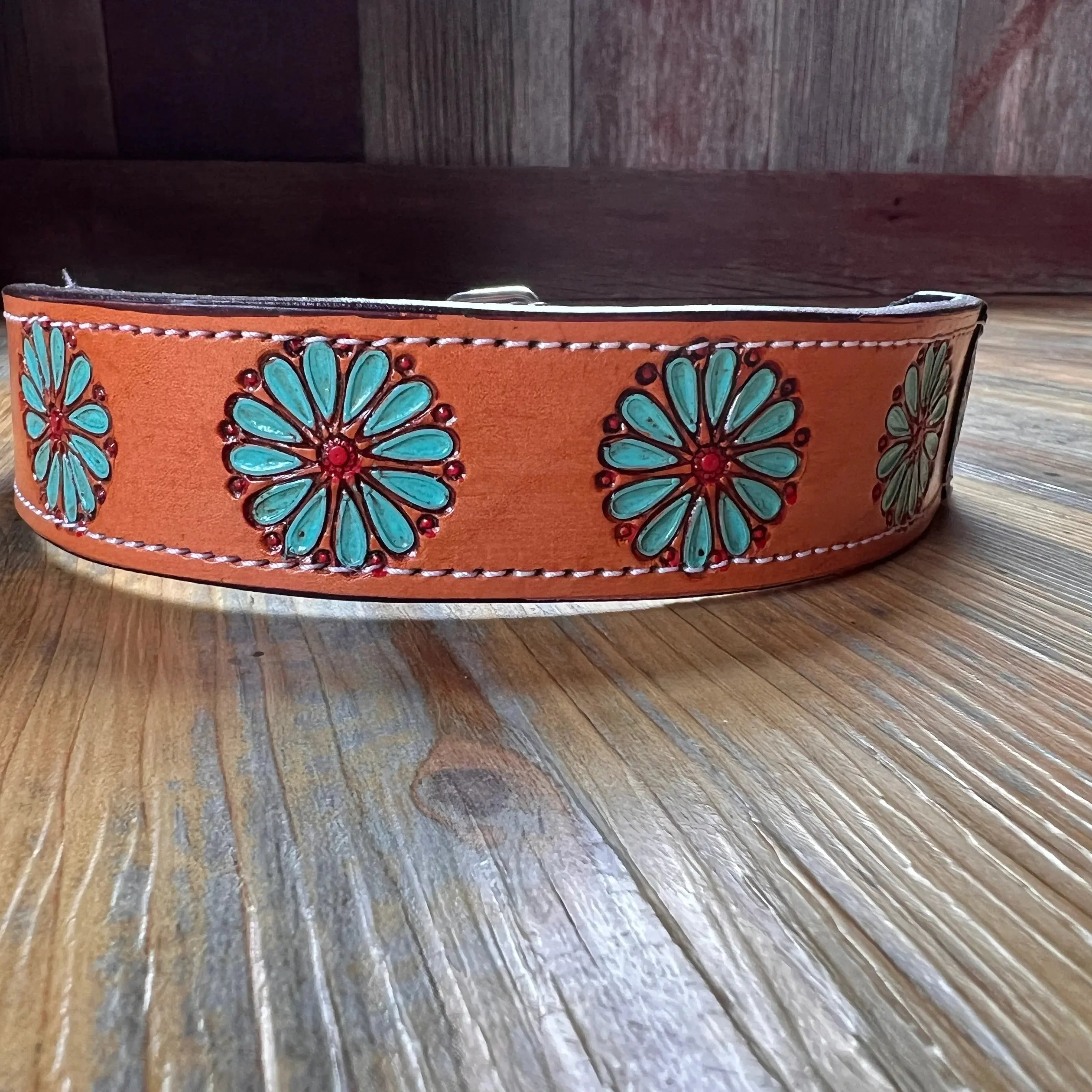 Leather Handpainted Tooled Squash Blossom Dog Collar Dog