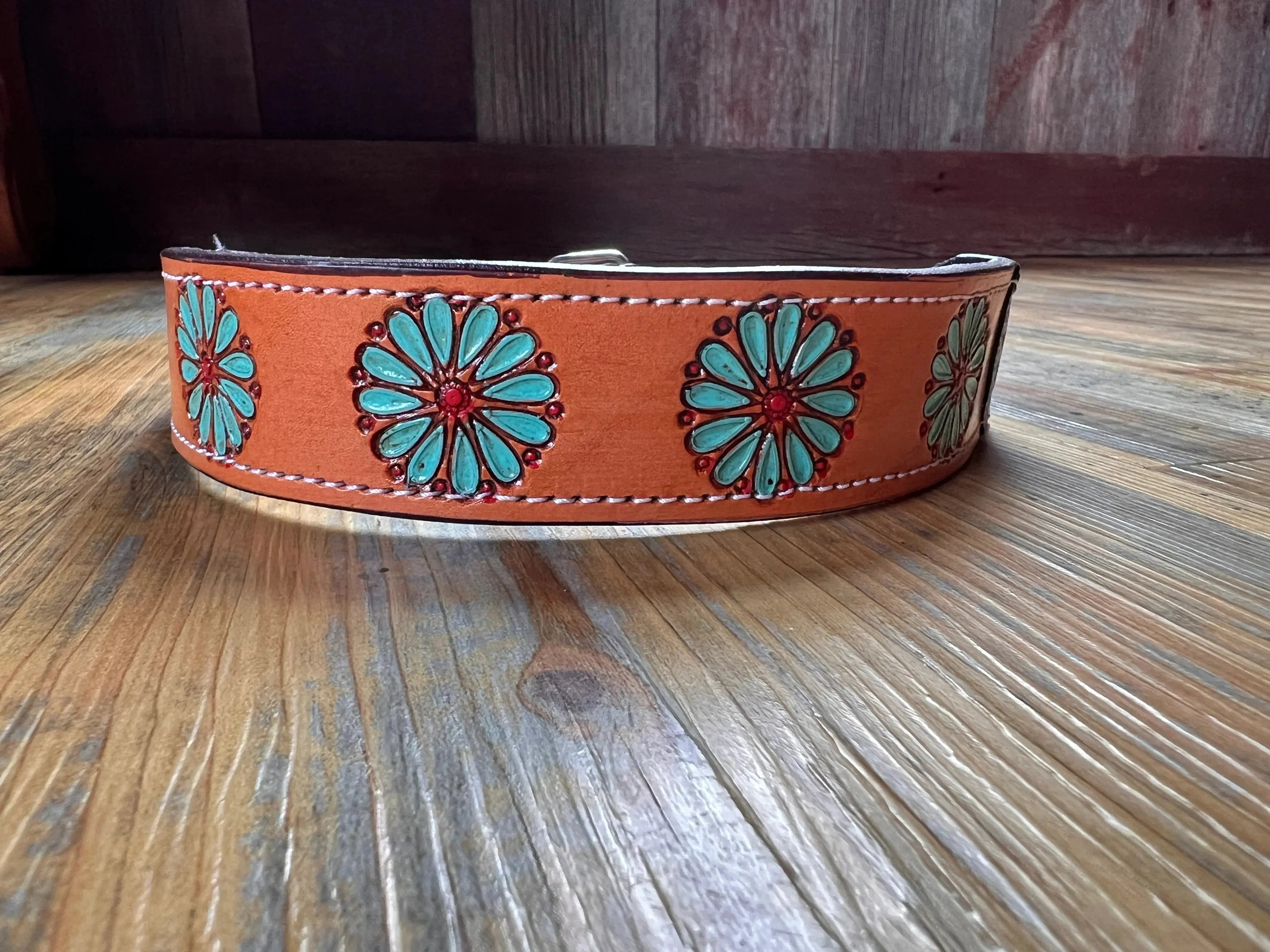 Leather Handpainted Tooled Squash Blossom Dog Collar Dog