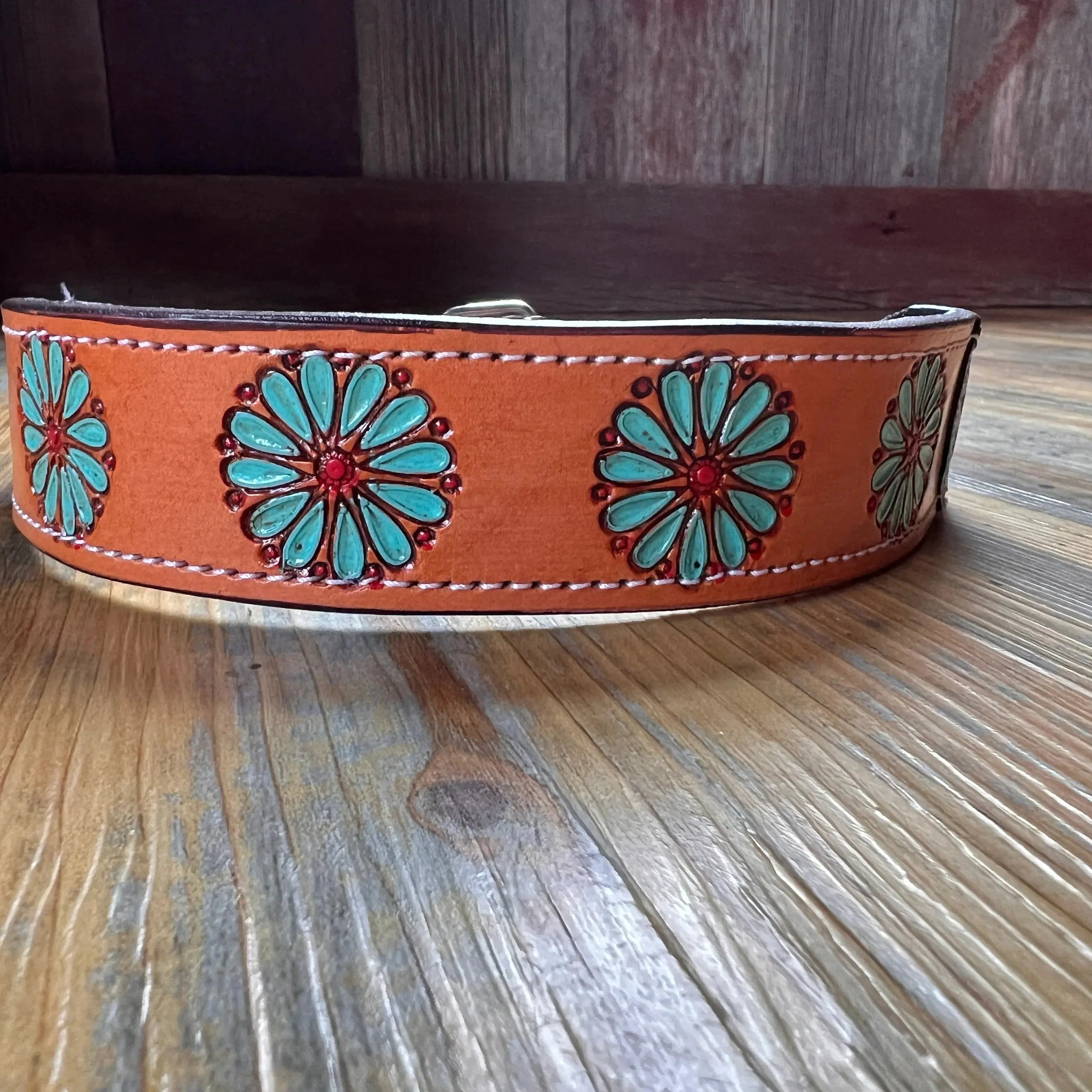 Leather Handpainted Tooled Squash Blossom Dog Collar Dog