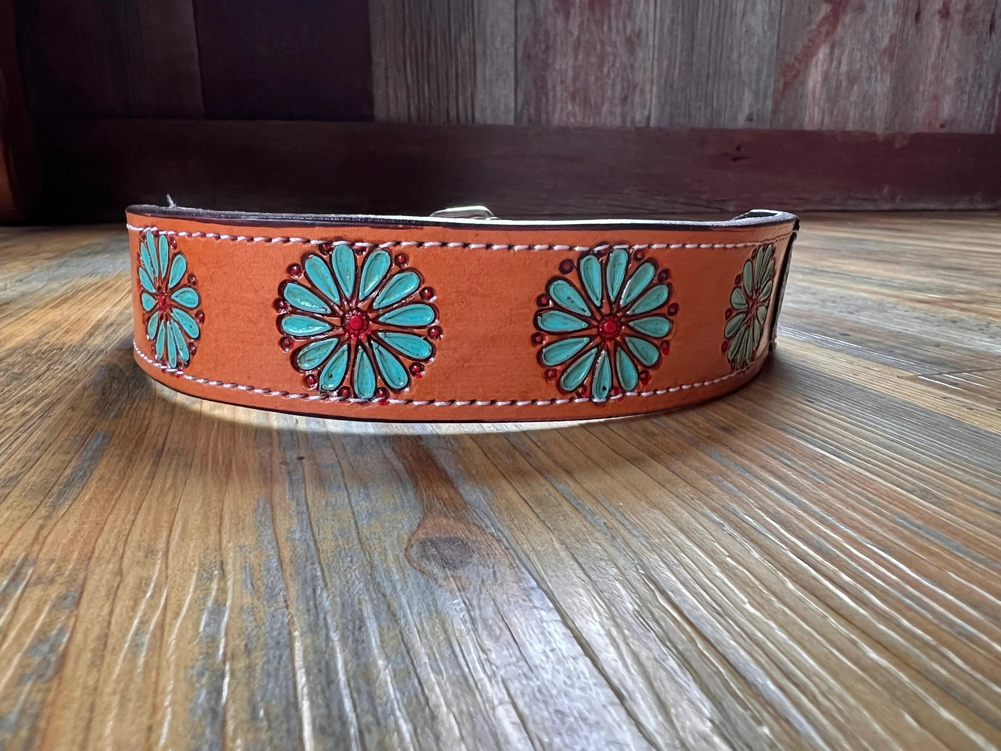 Leather Handpainted Tooled Squash Blossom Dog Collar Dog