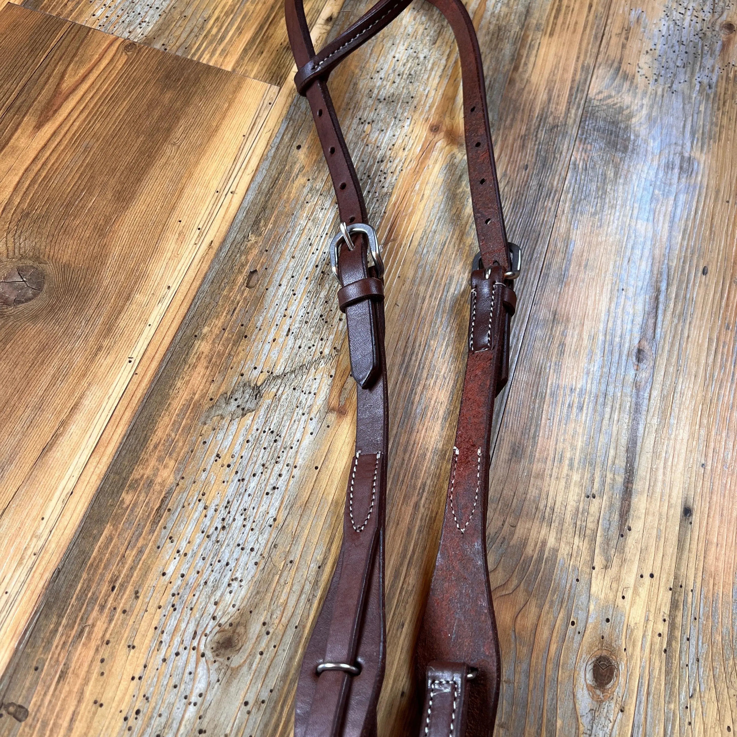 Oiled leather one ear headstall with quick change bit loops Horse