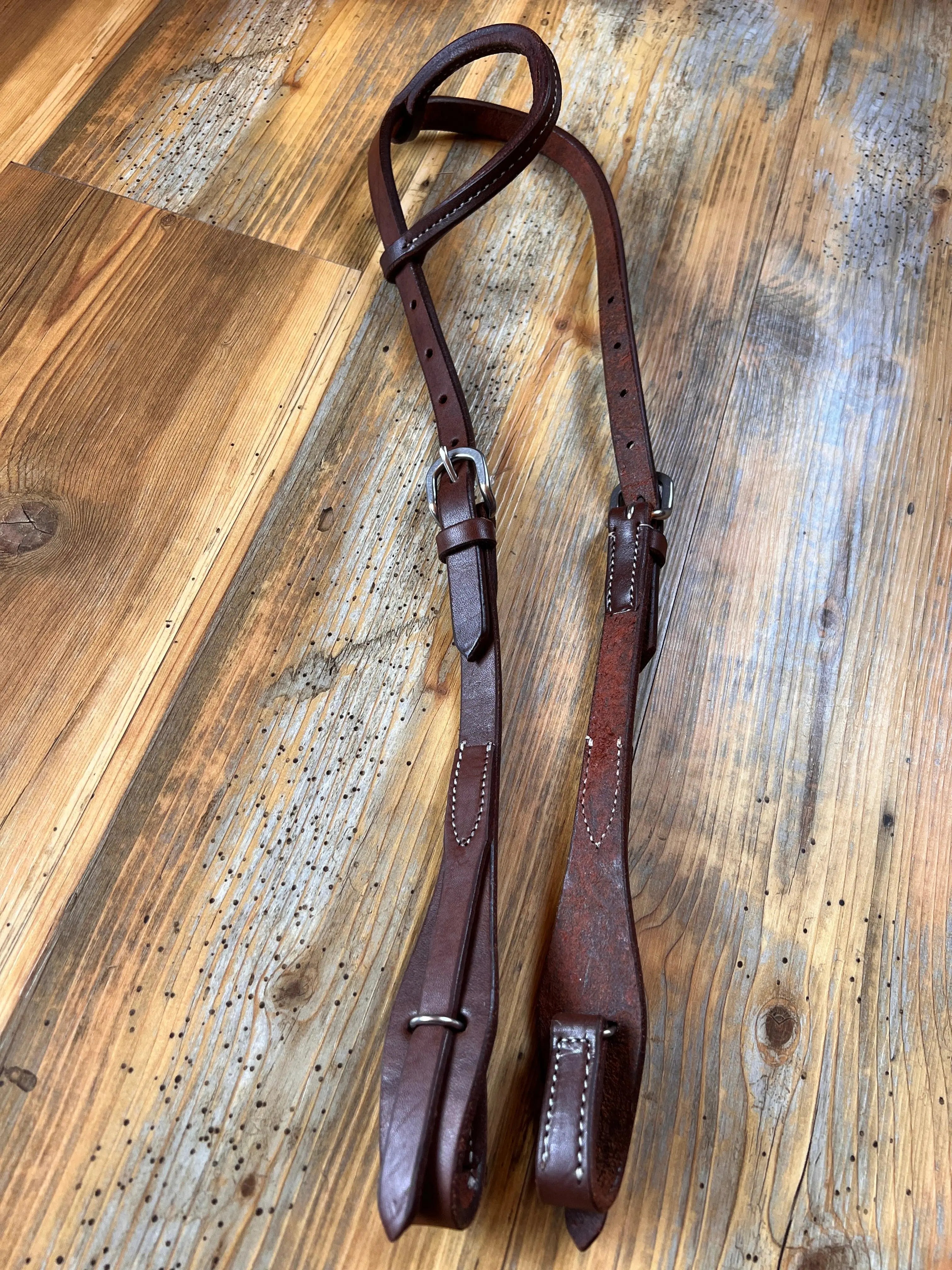 Oiled leather one ear headstall with quick change bit loops Horse