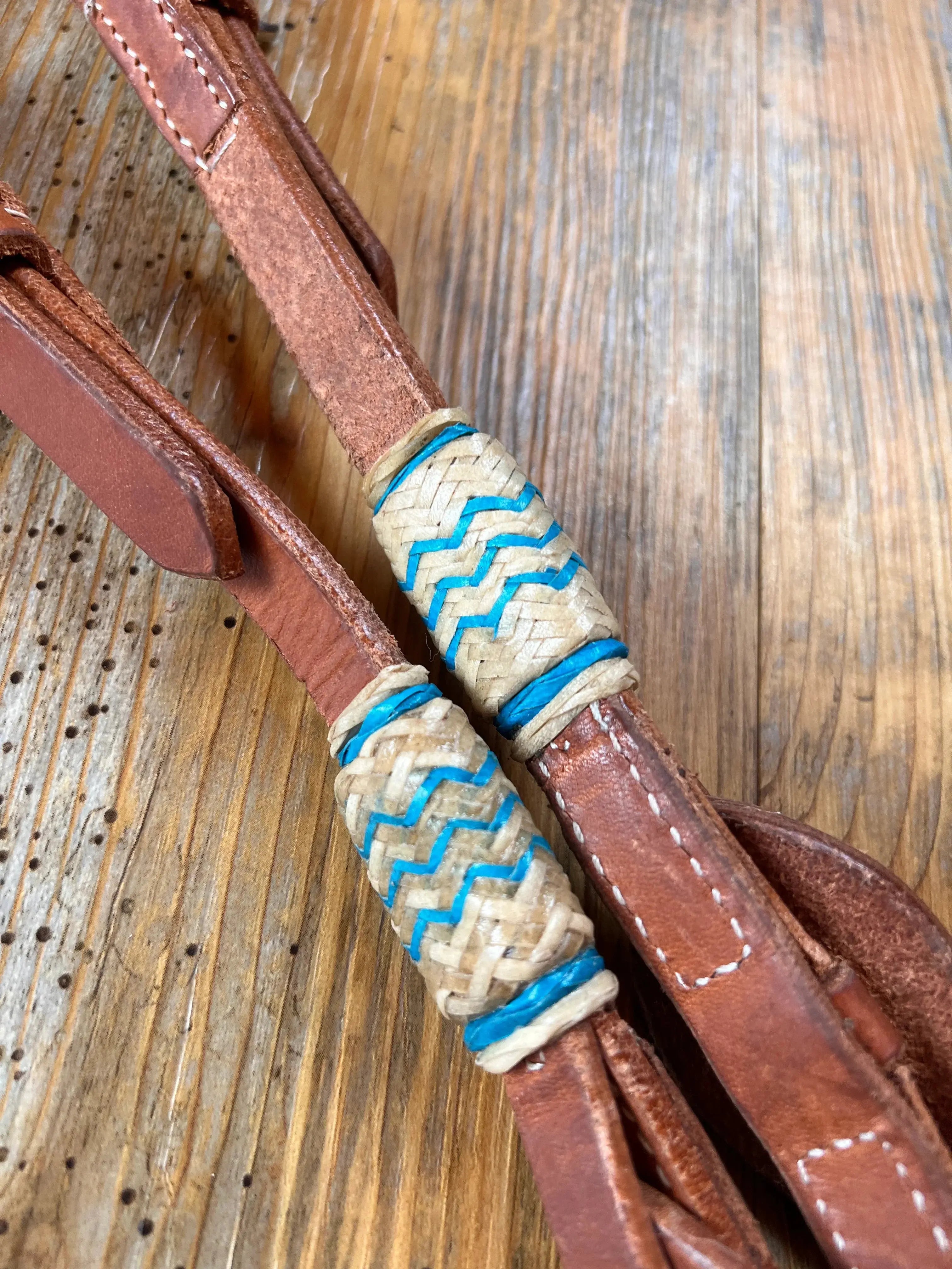 Argentina cow leather one ear headstall with teal rawhide zigzags