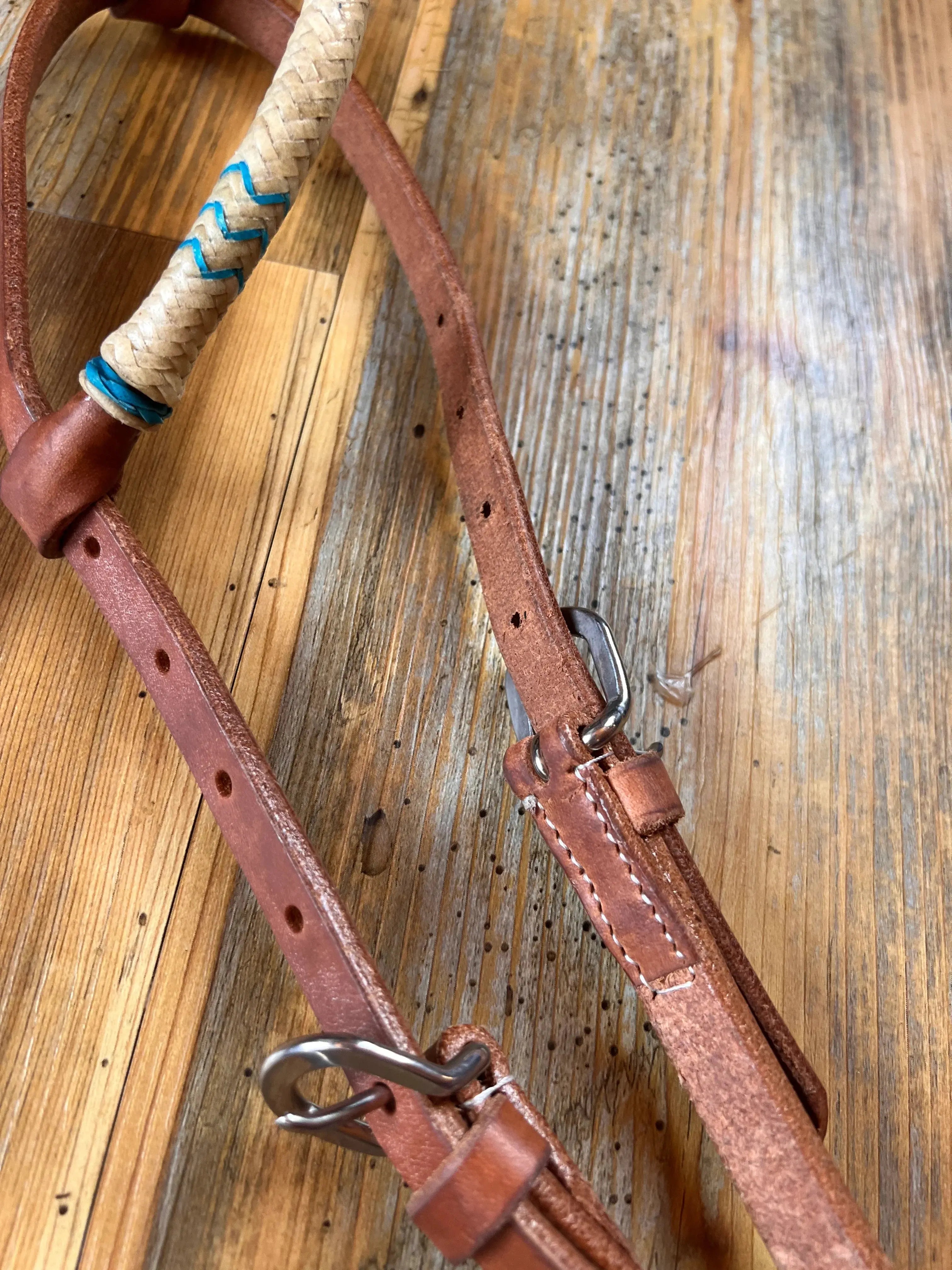 Brown Argentina cow leather one ear headstall with blue stitching