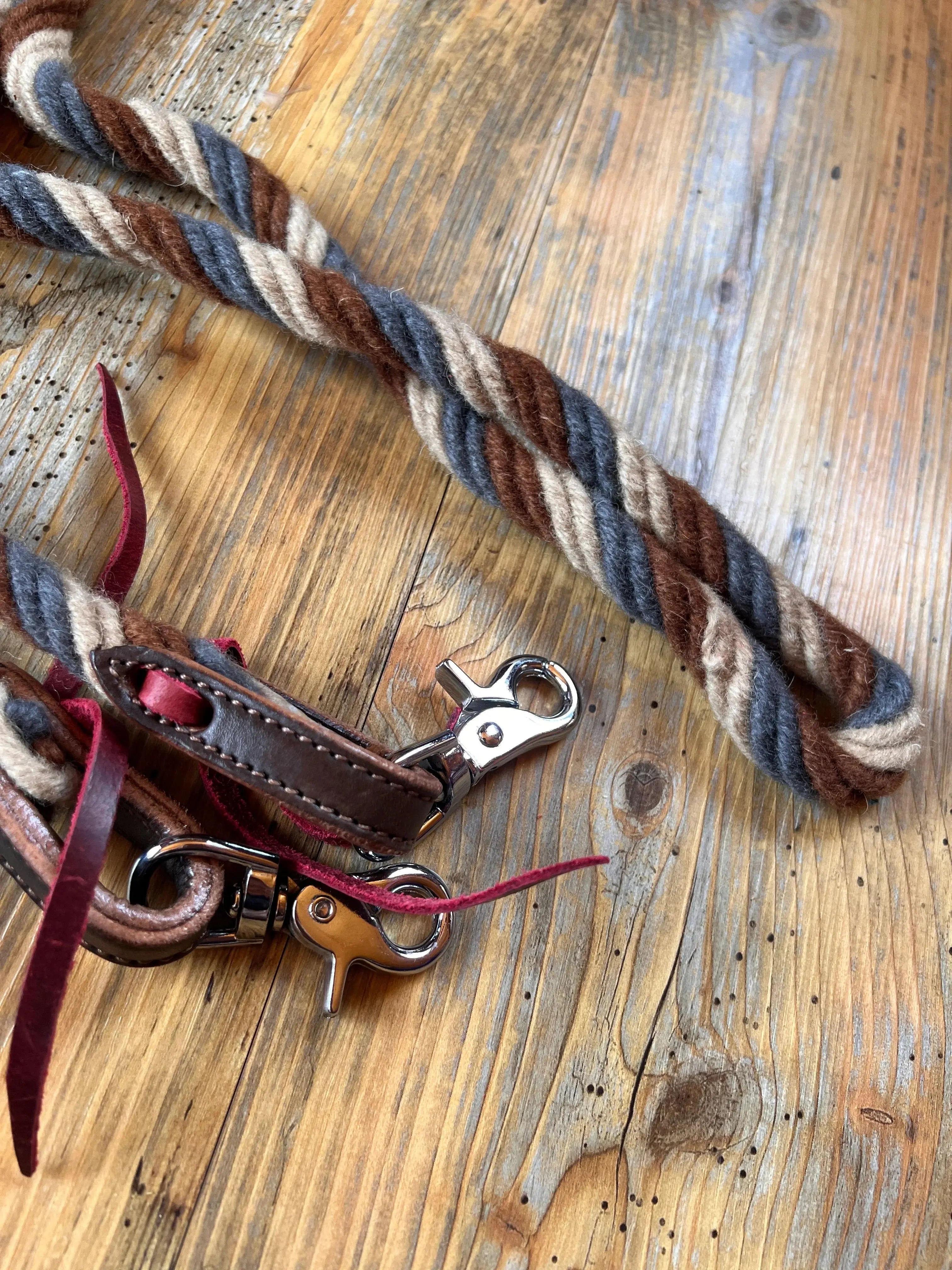 Dust & Denim Mohair Contest Reins - brown blue cream striped 8 ft leash