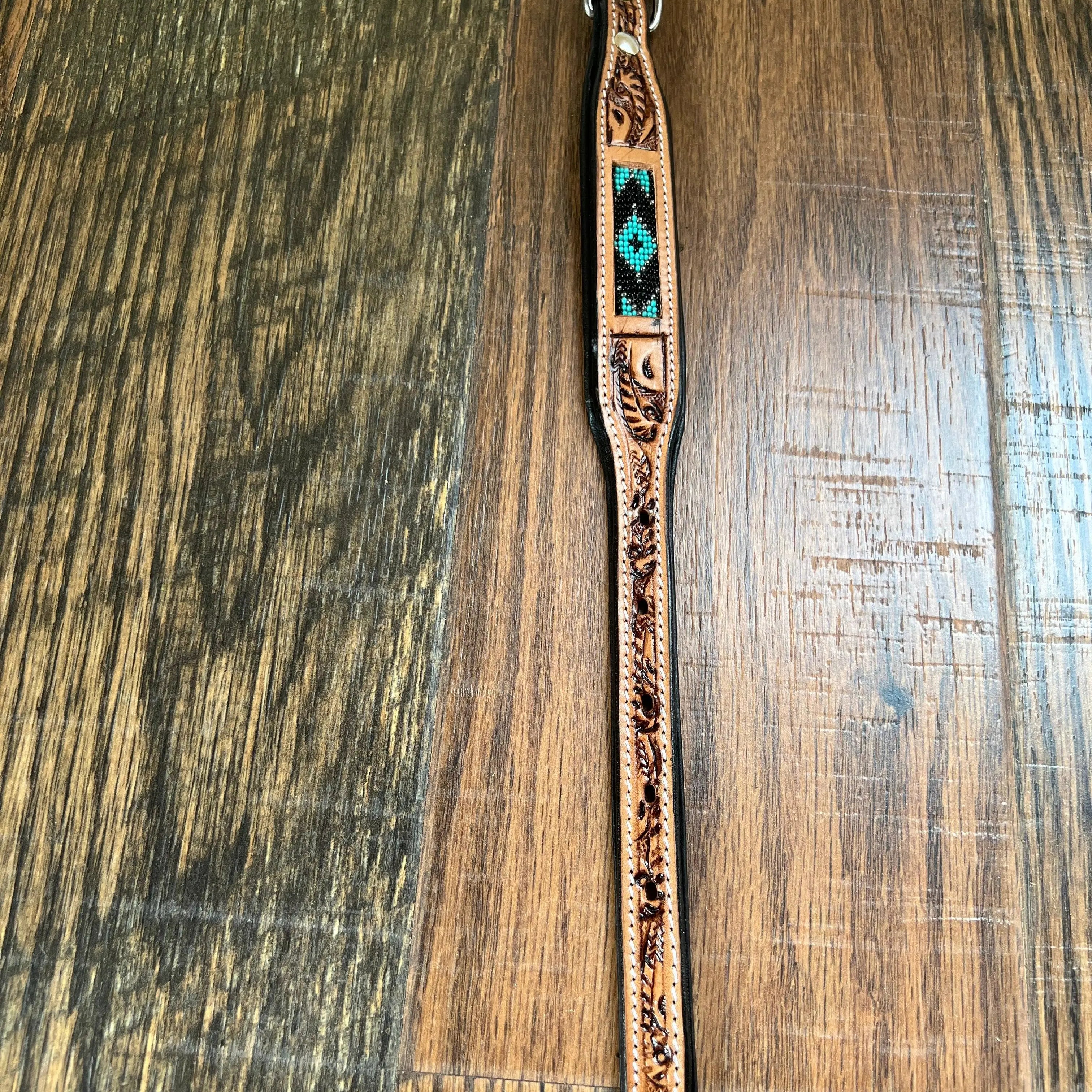 Handcrafted Padded Leather Tooled Dog Collar With Teal Beading Dog