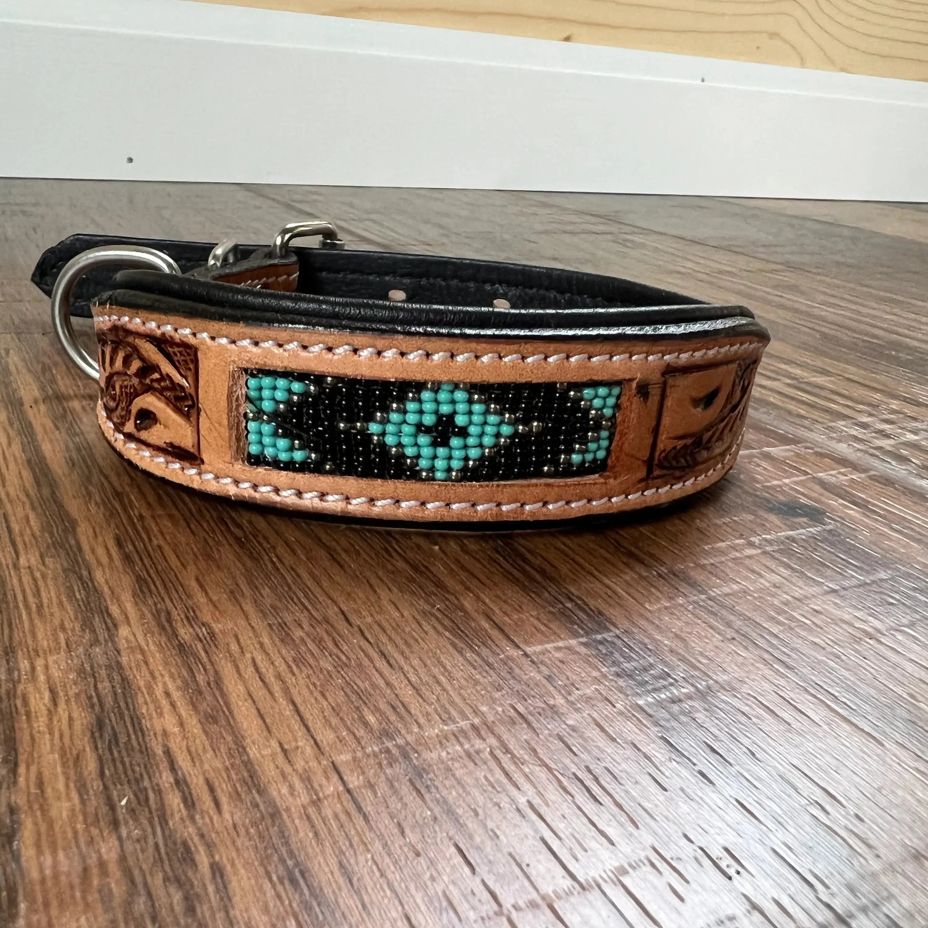 Handcrafted Padded Leather Tooled Dog Collar With Teal Beading Dog