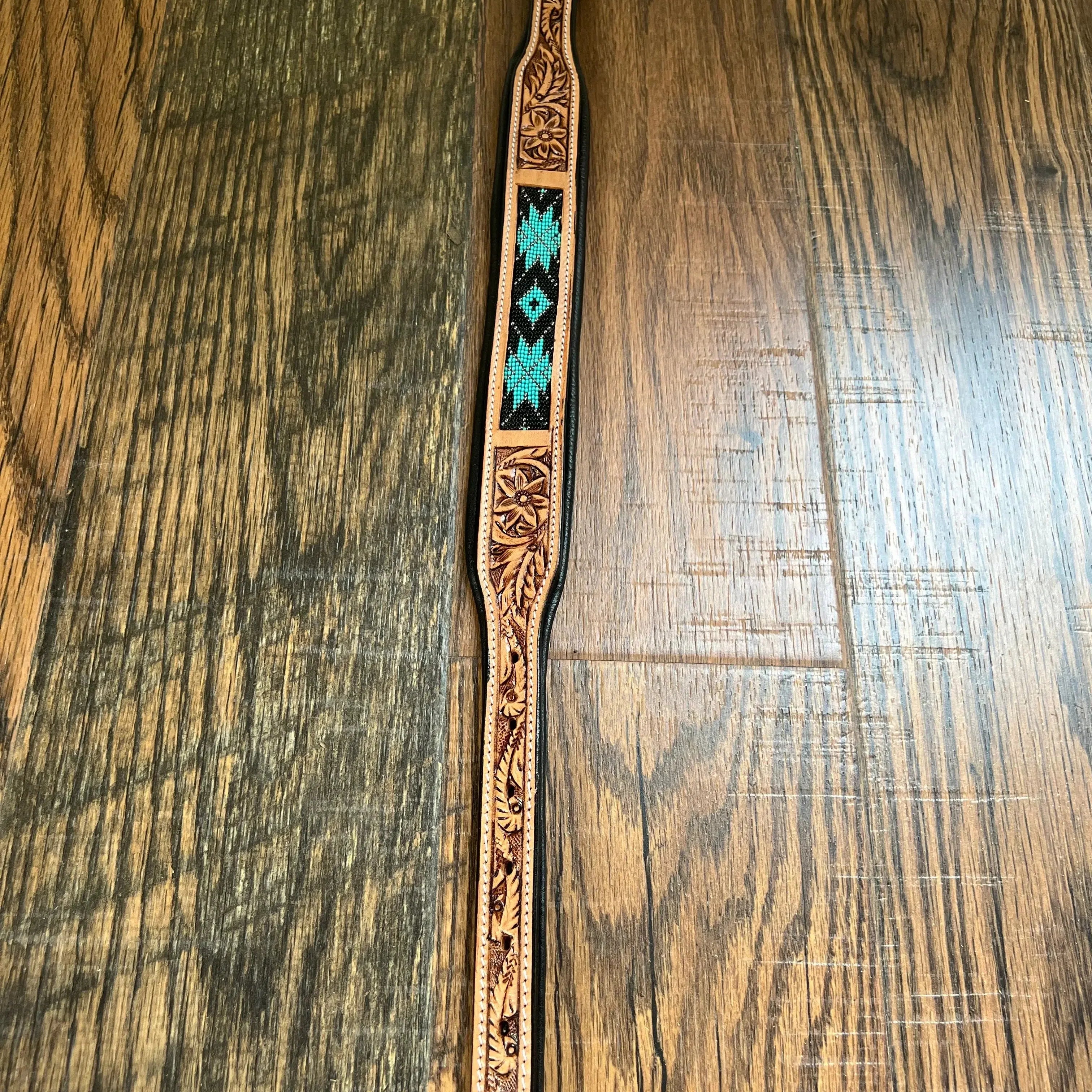 Handcrafted Padded Leather Tooled Dog Collar With Teal Beading Dog
