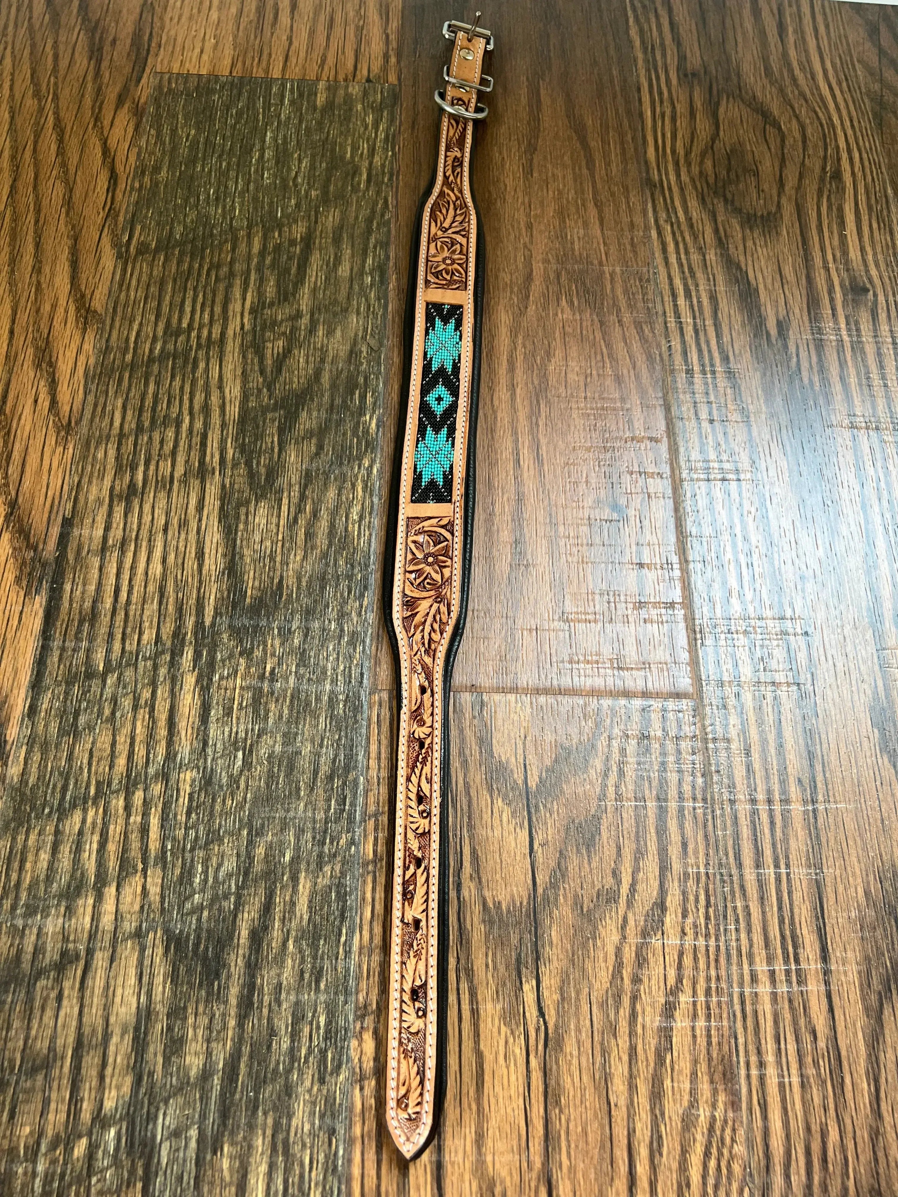 Handcrafted Padded Leather Tooled Dog Collar With Teal Beading Dog
