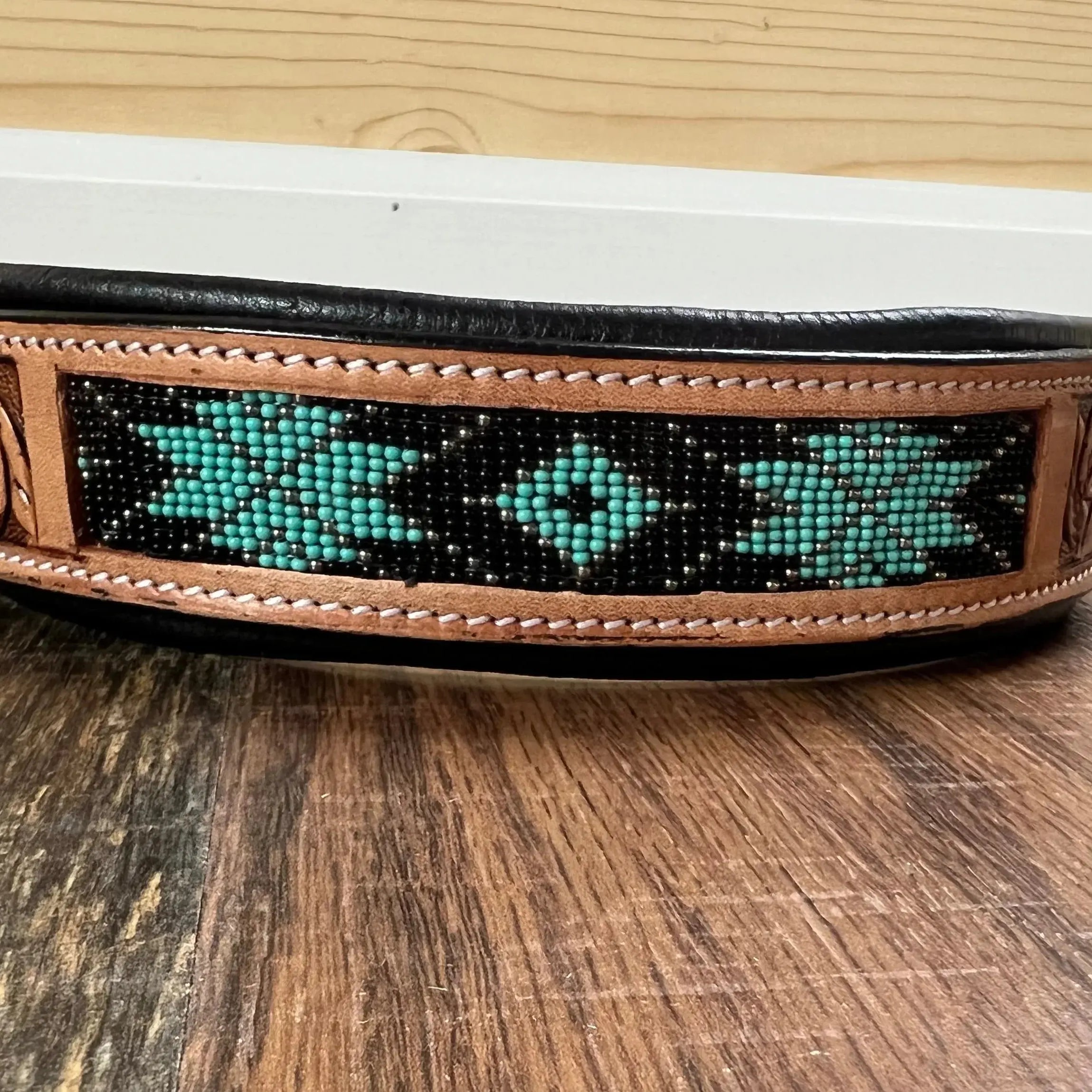 Handcrafted Padded Leather Tooled Dog Collar With Teal Beading Dog