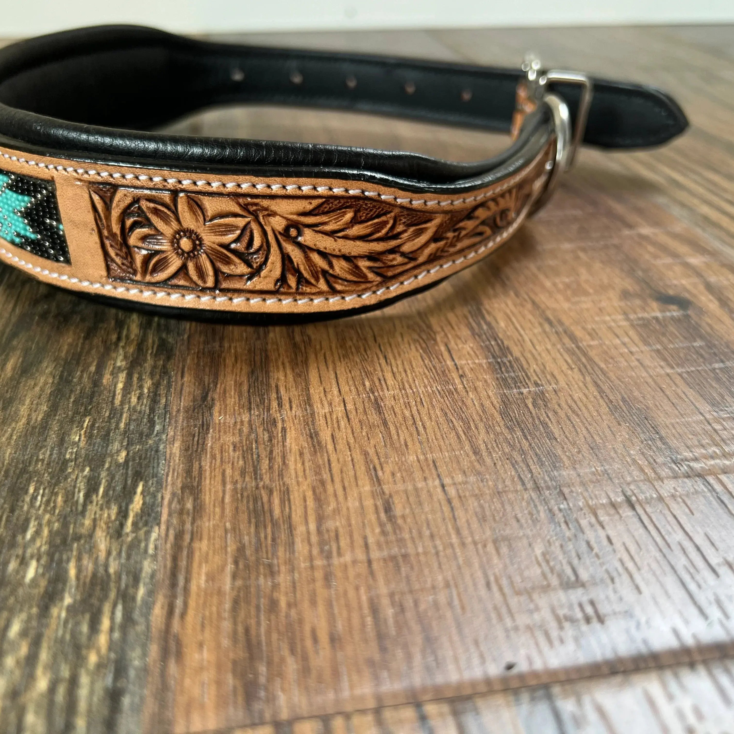 Handcrafted Padded Leather Tooled Dog Collar With Teal Beading Dog