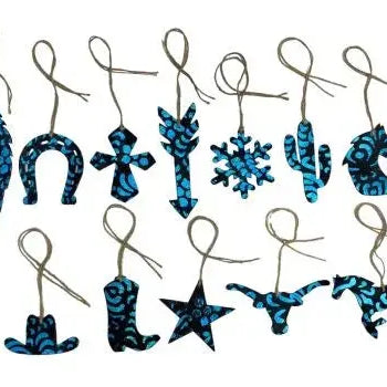 Blue Metallic Glitter Leather Cowhide Christmas Ornament - Sold Individually