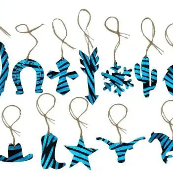 Blue Zebra Leather Cowhide Christmas Ornament - Sold Individually