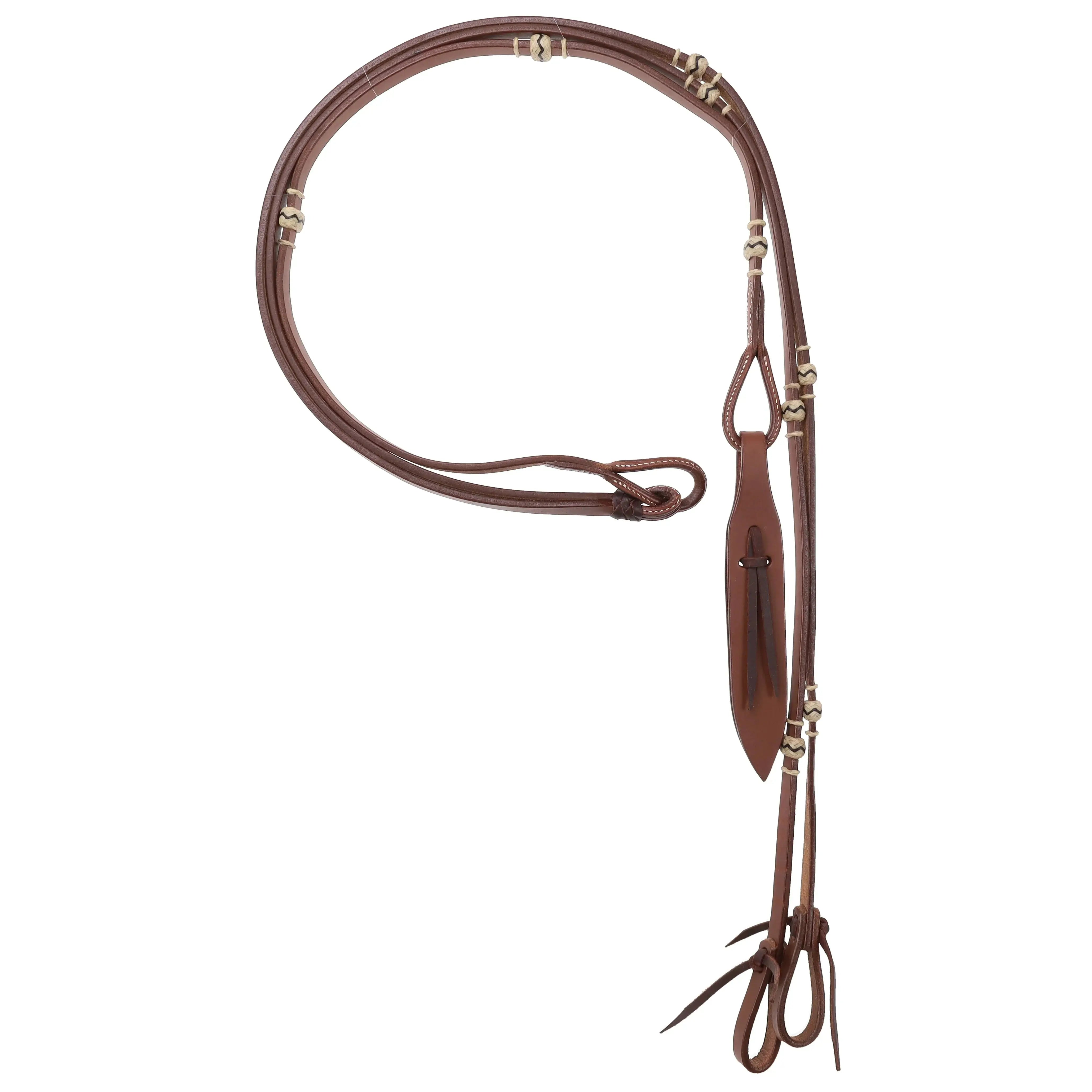 Brown leather horse halter with brass hardware on 8 Flat Leather Romal Reins