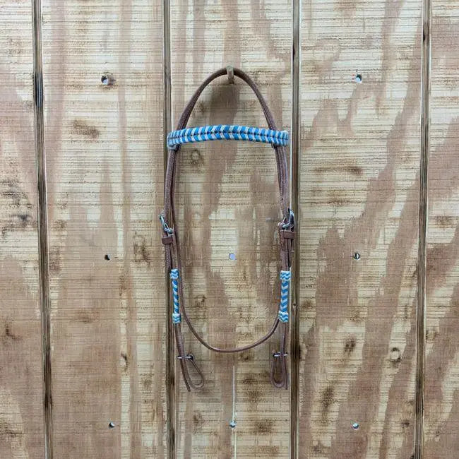 Brown Argentina cow leather browband headstall with teal rawhide accents