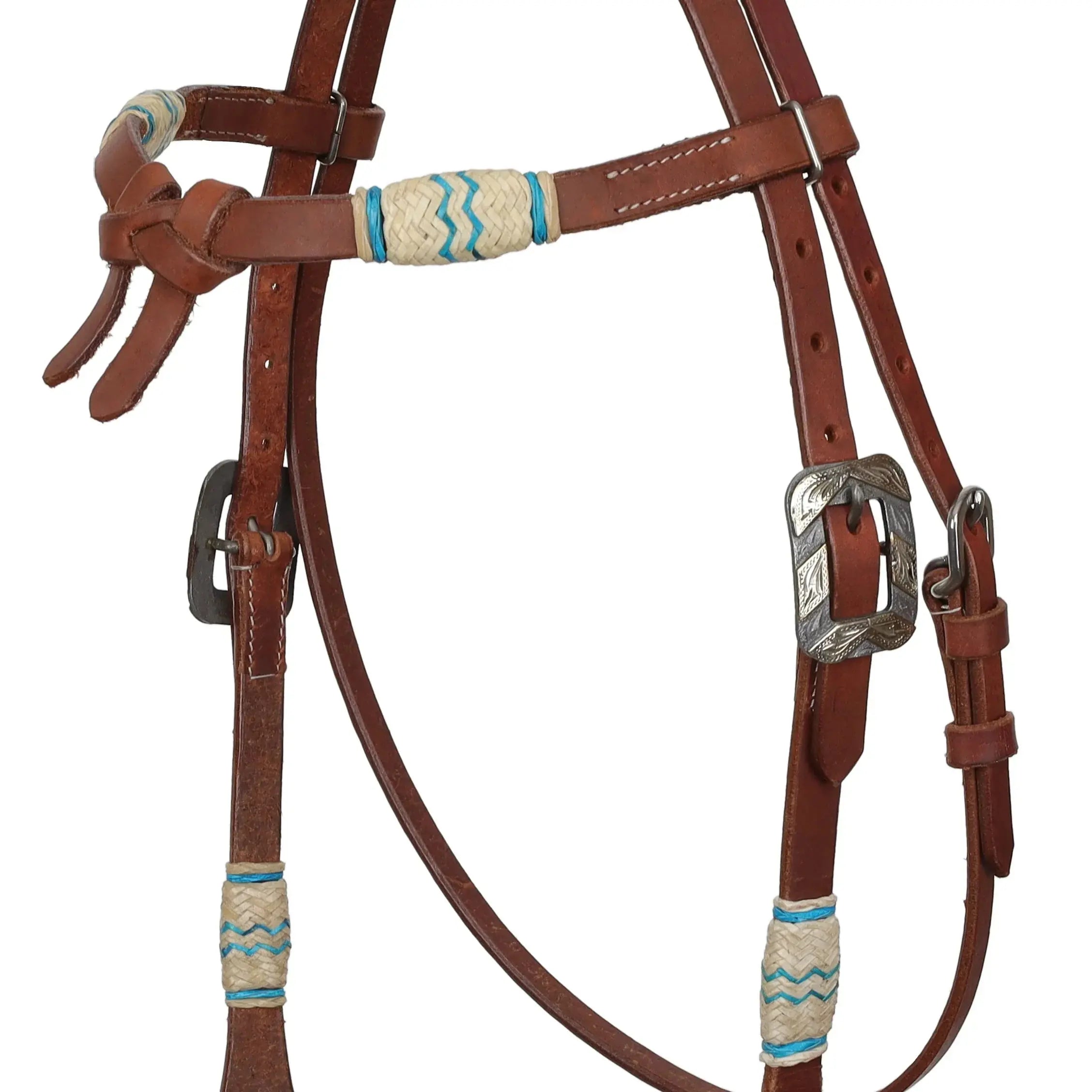 Aqua Rawhide Argentina Cow Leather Futurity Knot Headstall close up