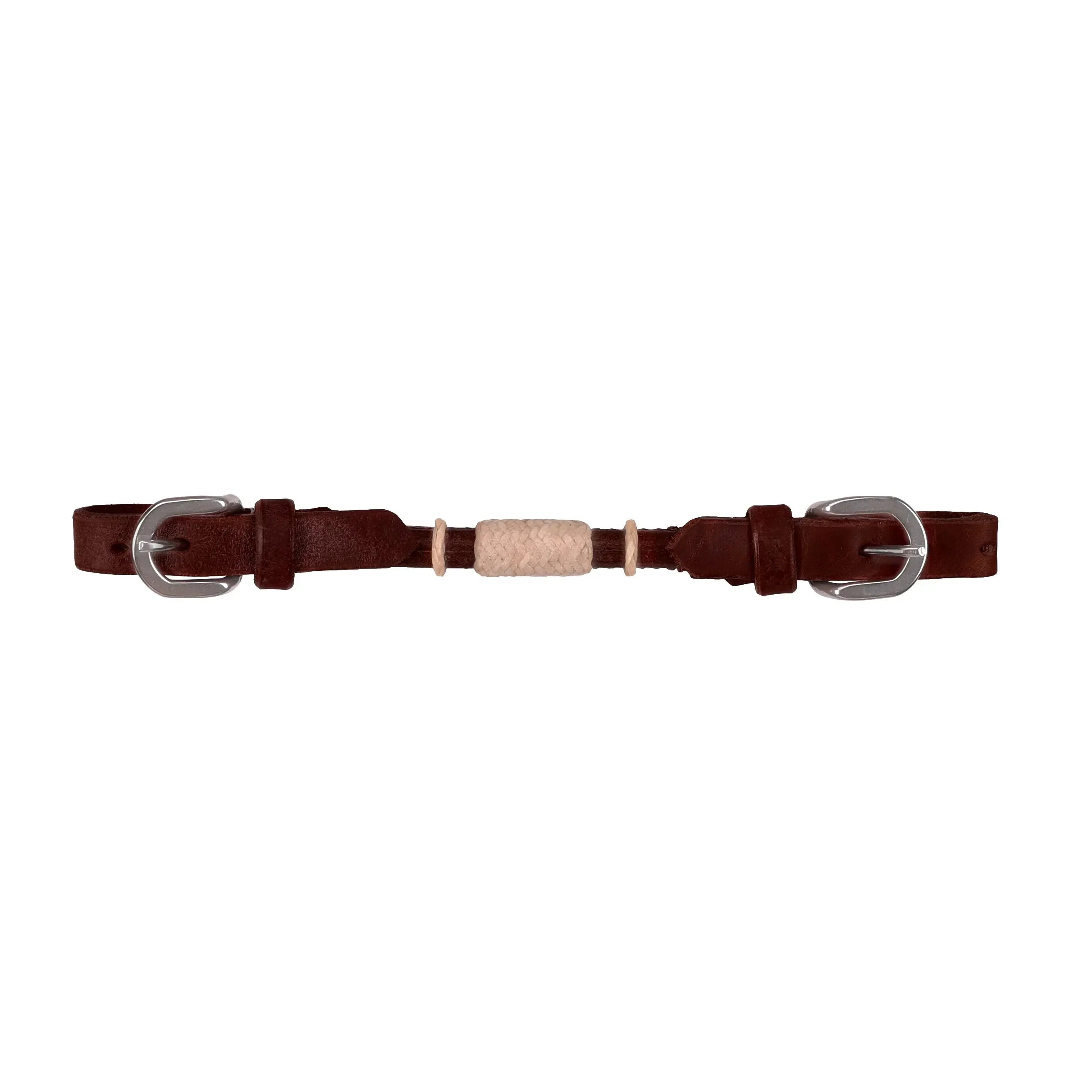 Brown Argentina cow leather belt with silver buckles and beige woven accent