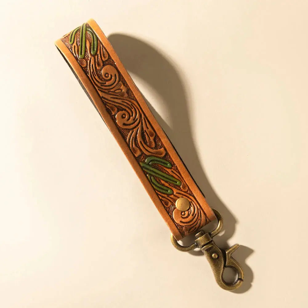 Canyon Pass Handtooled Leather Key Fob In Butterscotch Oak