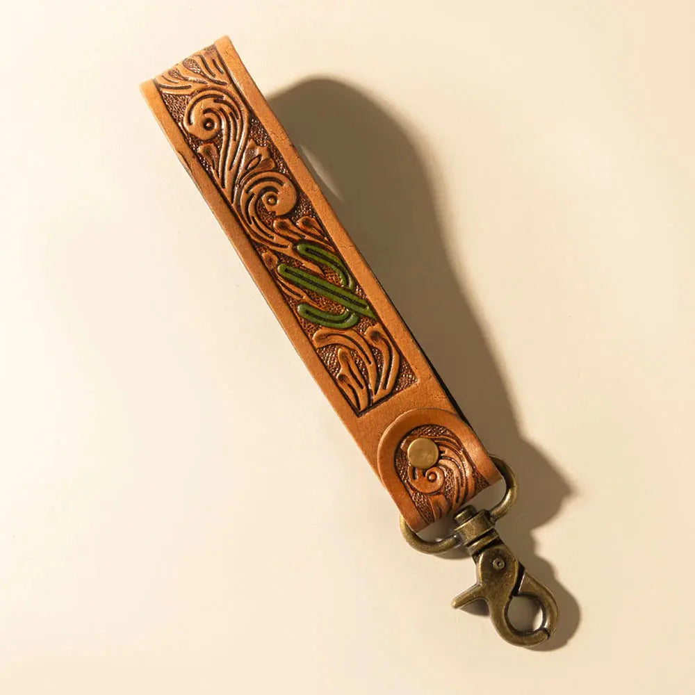 Canyon Pass Handtooled Leather Key Fob In Butterscotch Oak